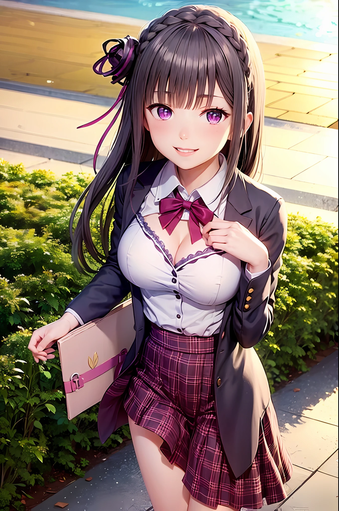 (school uniform:1.2),aimiliya,cleavage, medium breasts,light smile,best quality