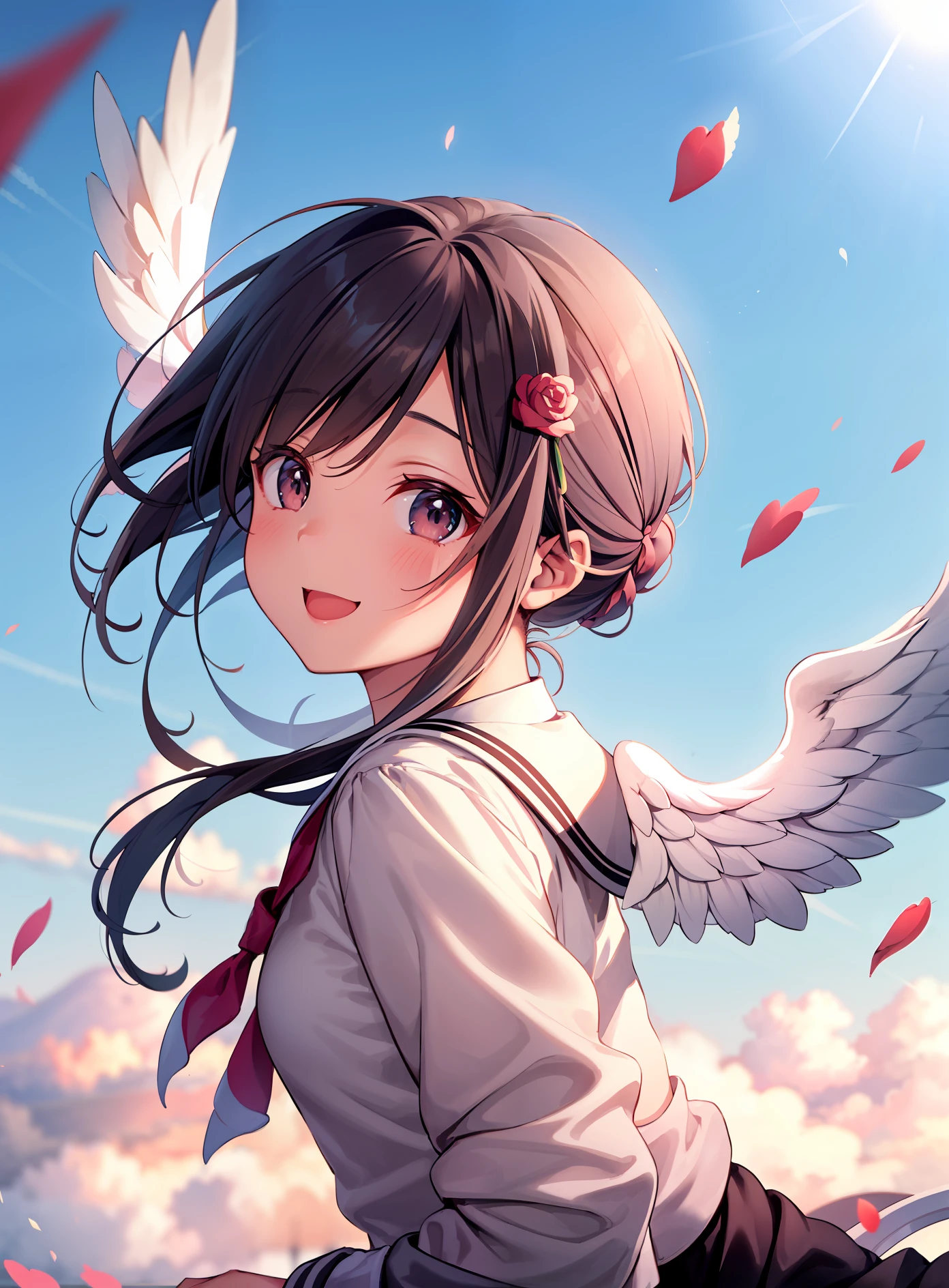 Bird flying in the sky suddenly becomes a girl, hair tied in half, hair color pink, angelic wings, cute schoolchild, morning scene, good weather, flying above clouds, happy expression, wind blowing, clothes with ribbons and red roses, rainbow clothes