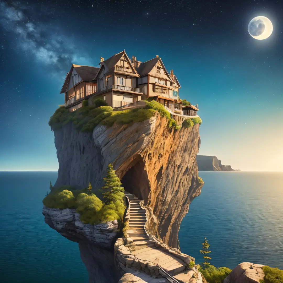 Cliffs, houses lined up on the edge of the cliff, houses connected by stairs, the sea below, blue sky, starry sky, beautiful moo...