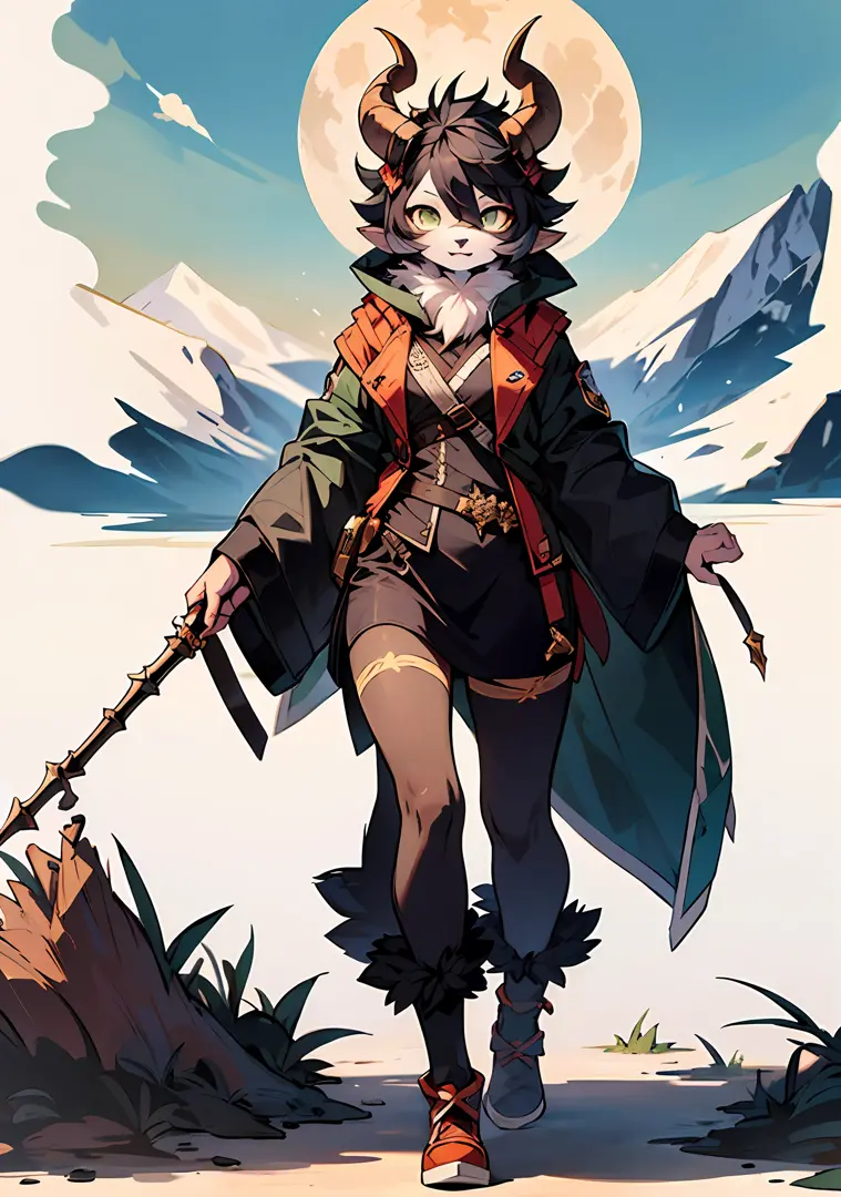 Best Quality, Super Detailed Illustration, (1 Furry Sheep Girl With Horns: 1.5), Black Hair, Malachite Eyes, (Rogue: 1.7), Fores...