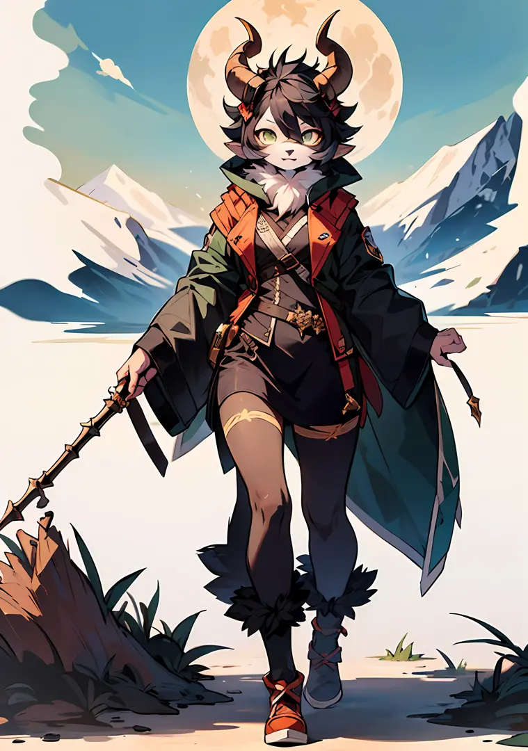 best quality, super detailed illustration, (1 furry sheep girl with horns: 1.5), black hair, malachite eyes, (rogue: 1.7), fores...