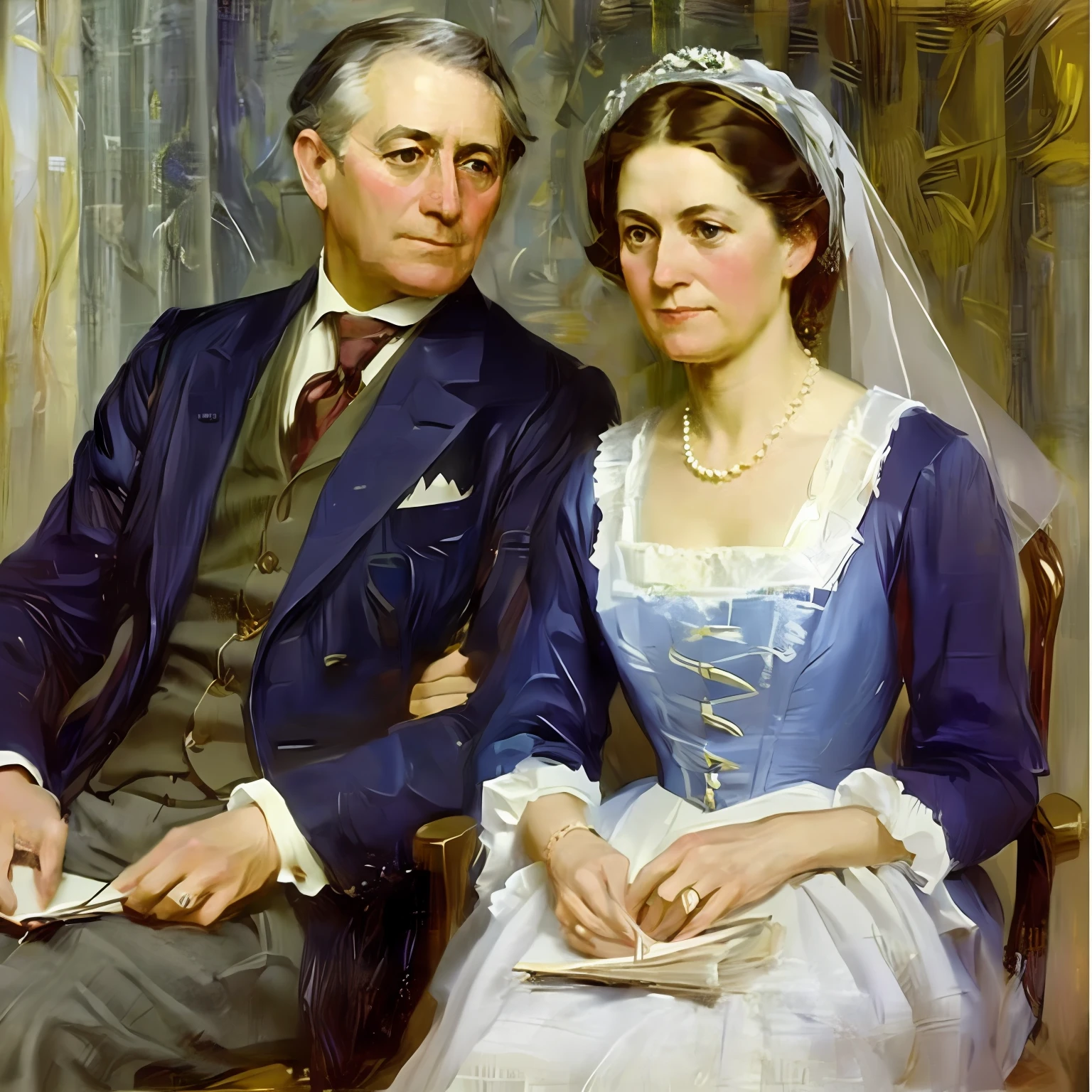 Arthur William Davis, portrait of "Mr. and Mrs. Fraser". This painting depicts a young couple, Mr. and Mrs. Fraser, sitting next to each other. They are presented in formal clothes and pose with a serious expression on their faces. Davis constantly works with light and shadows to create realistic three-dimensional shapes of the face and body. He masterfully conveys every detail in the clothes and accessories of the characters, reflecting their status and social status.
The portrait of "Mr. and Mrs. Fraser" differs from many other portraits of the time in its natural and calm aesthetic. Davis was able to convey a sense of intimacy and intimacy between husband and wife, which made the work particularly soulful.
The painting "Mr. and Mrs. Fraser" continues to be a valuable and unique work of Arthur William Davis, allowing viewers to feel the atmosphere and attitudes of English society of the XIX century.