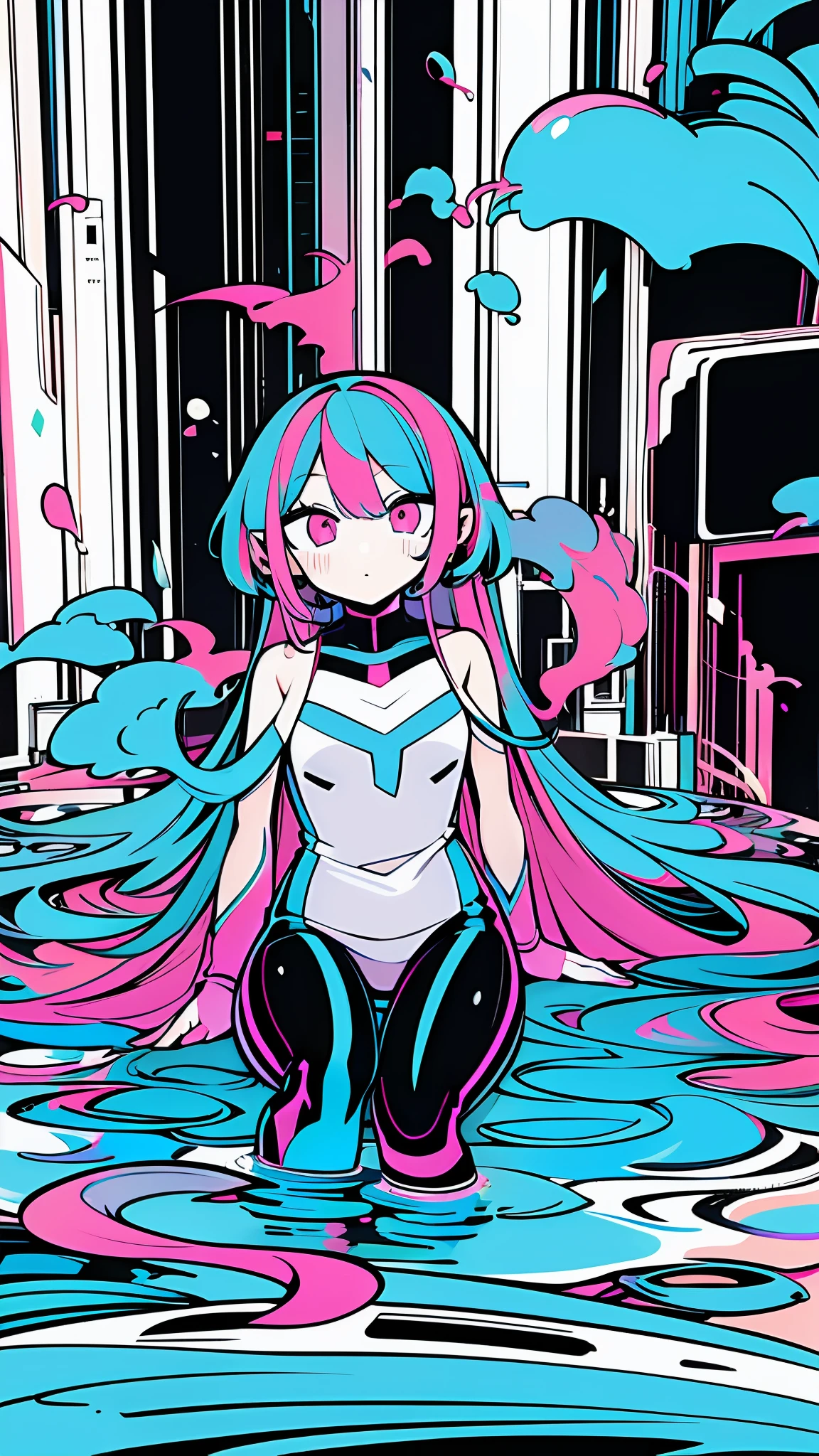 (ultra detailed,ultra high res,detailed background),((2D)),((flat color)),((colorful)),((floating colorful water)),1girl,solo,looking at viewer,BREAK