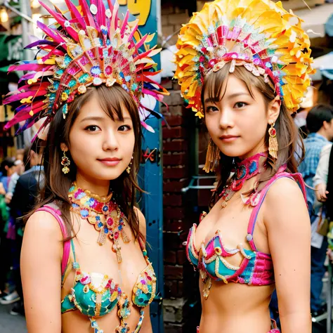 (8k, RAW photos, best quality, masterpiece, : 1.2), (realistic, photorealistic: 1.3), (3girls: 1.3)), (samba dance dress: 1.3), beautiful Japan girl of 17 years old, woman in carnival, good hands, head: 1.3, (Hasselblad photo)), colorful, bright colors, fi...