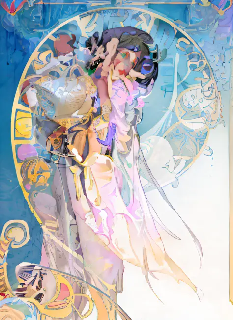 anime style picture of a woman in a dress and a fan, alphonse mucha and rossdraws, demura and alphonse mucha, mucha style 4k, anime art nouveau, james jean & alphonse mucha, art nouveau! cyberpunk! style, korean art nouveau anime, beeple and alphonse mucha...