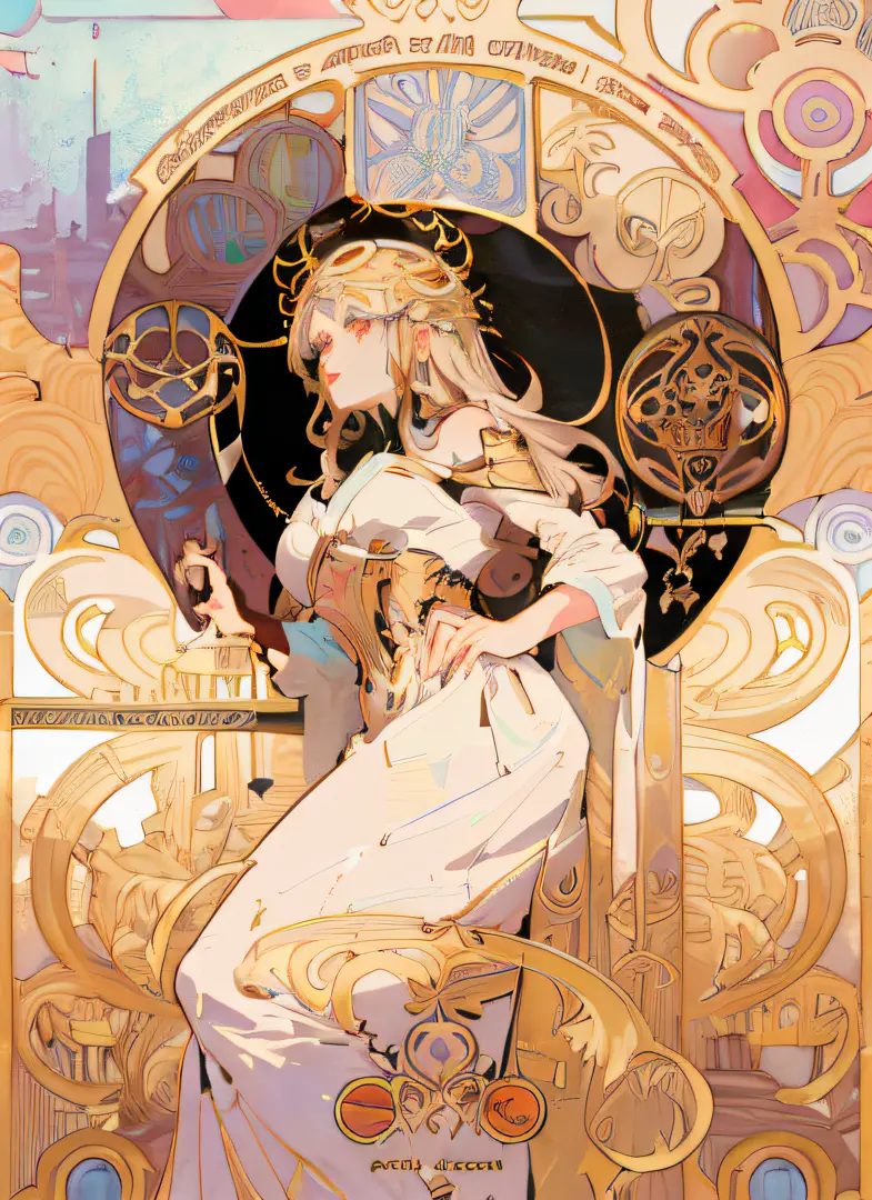 a close up of a woman in a dress holding a sword, alphonse mucha and rossdraws, anime art nouveau, anime art nouveau cosmic disp...