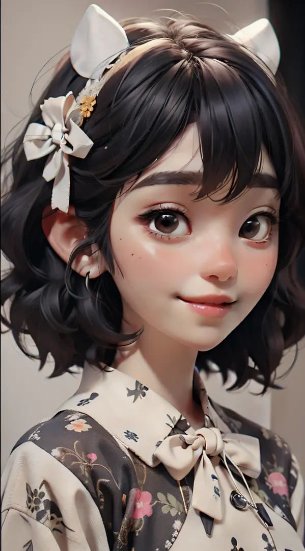 / Imagine Tips: Illustration of short hair girl with black hair and air bangs, big eyes::1, bow, white yarn,::0.8, bright smile:...