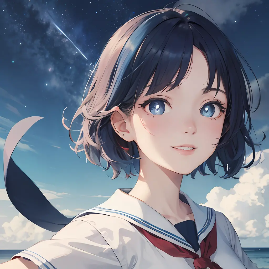 absurdres, best quality, highres, masterpiece, 1 girl,
Break
beach,  oceans, blue horizon,clouds, NIGHT sky with milky way, dynamic movement
Break
white serafuku, high detailed face,beautiful bright pupils, short hair,facial, blue hair, shaded face, smile