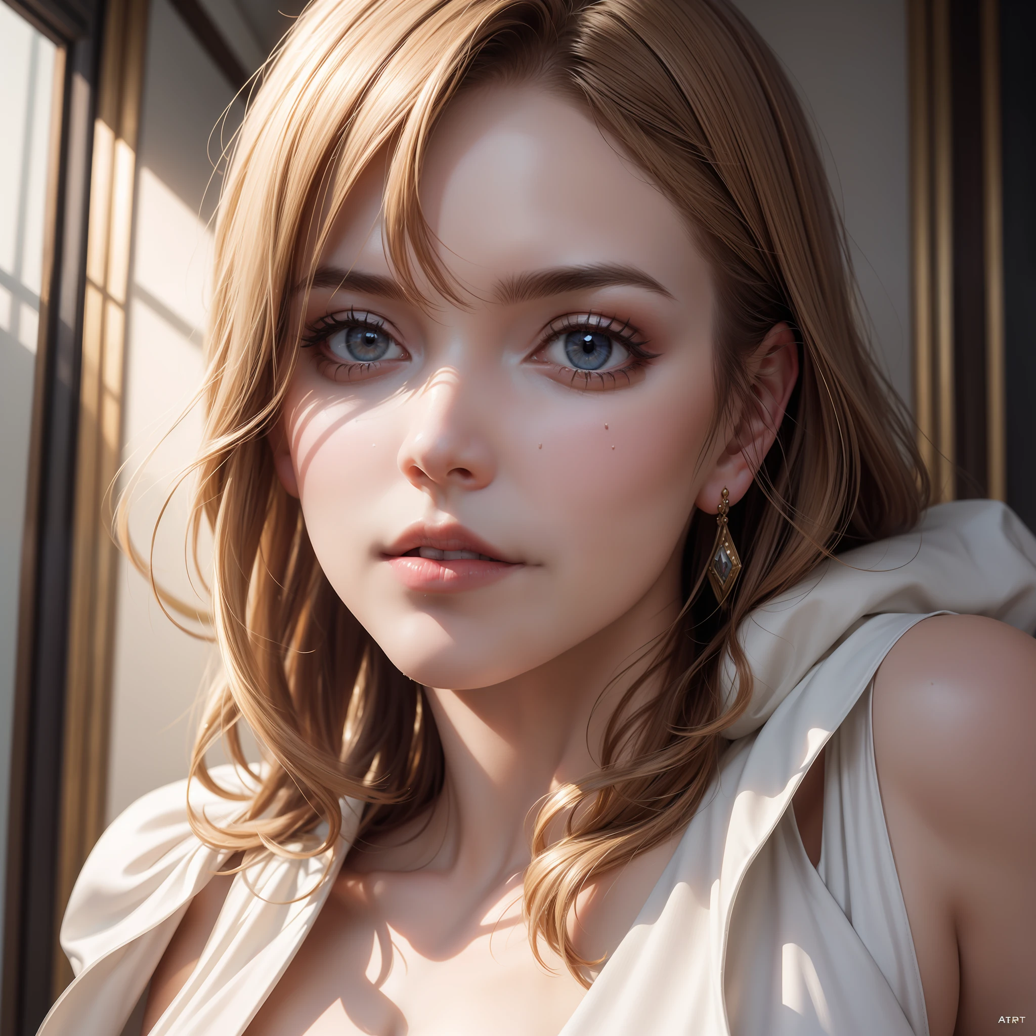 (Ultra Real), (Illustration), (High Resolution), (8K), (Very Detailed), (Beautiful Detailed Eyes), (Best Quality), (Super Detail), (Masterpiece), (Desktop Wallpaper), Beautiful Face, (Detailed Face), (Detailed Face), Clear Facial Features, Milky White, Fair Skin, High Detail Skin, Realistic Skin Details, Visible Pores, (Dynamic Pose), Lying on a Soft Bed, Noble Queen, John Collier and Albert Obright and Krenz S. Art by Kussatte and Artem Demula, open shoulders, shallow smile, camelto, half-body, perfect scale, light transparent pajamas, doorway, side light, ray luminescence, optical, purple sheets