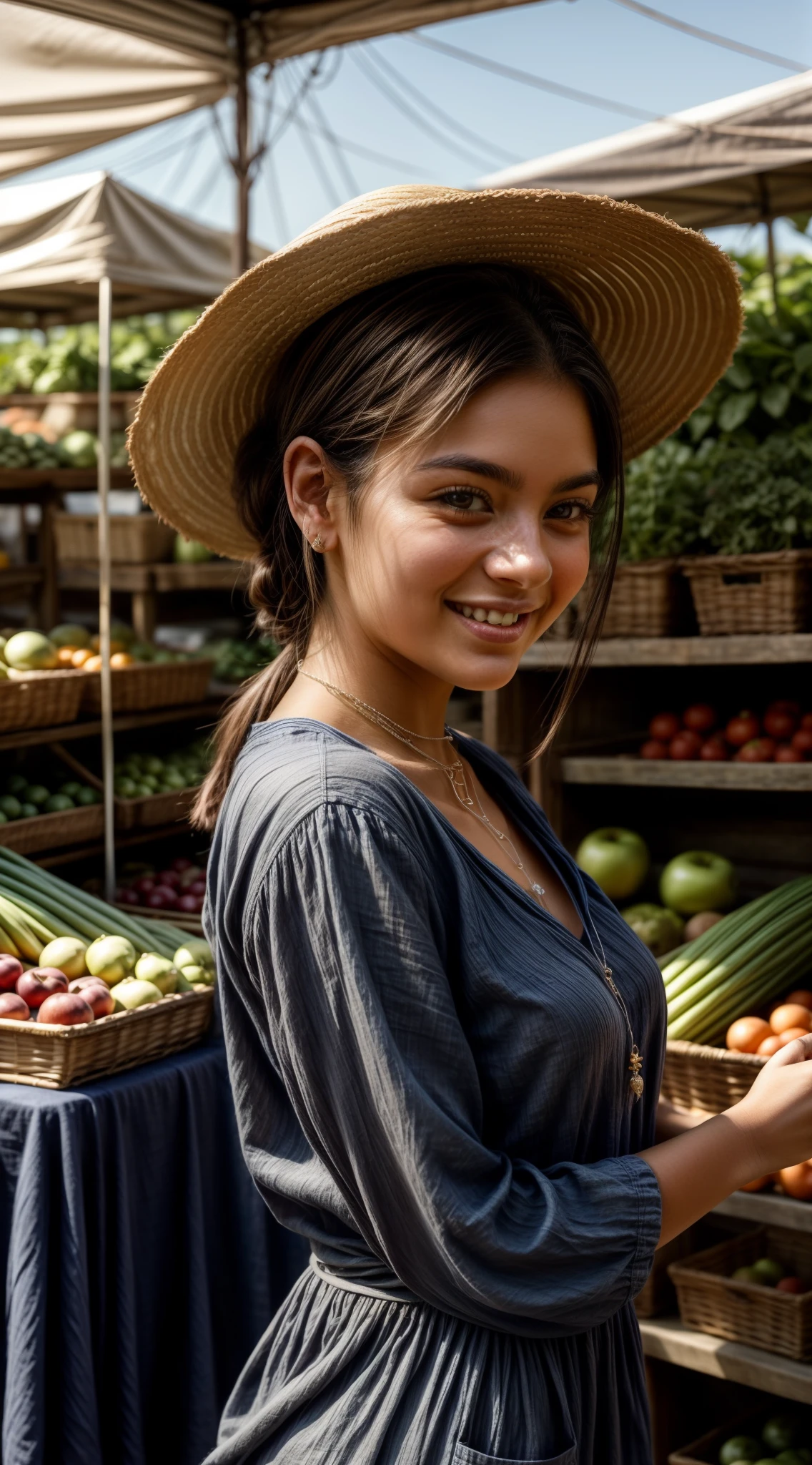 In a vibrant and bustling farmers market, in the dim light of a sunny morning, is Camila, an 18-year-old woman. Her brown hair, streaked with the first signs of silver, is tied in a simple but elegant bun, allowing the warmth of the sun to illuminate her face. Her eyes, deep brown, hold a world of wisdom and understanding, a testament to the years she has embraced.

She is dressed in a simple linen dress, her indigo dye blending with the backdrop of ripe fruits and vegetables, a visual melody of life's abundance. A handmade straw hat provides shade, adding an aura of timeless grace to your demeanor. Hanging from his neck is an intricate silver and turquoise pendant, a symbol of his unique journey and his love for the simple beauty of nature.

She's between rows of stalls, her hands gently separating the season's best produce. His touch is firm but gentle, in the hands of someone who knows and appreciates the rhythm of the earth. His smile, as he exchanges cuddles with the vendors, is genuine and warm, spreading an infectious joy to those around him.

The market vibrates with the life around you, the sounds of bargains, laughter and the seductive aroma of fresh flowers, fruits and herbs creating a symphony of everyday life. But in the midst of it all, Camila is calm, composed – a calm, serene figure of resilience and strength.

The image of Camila, an 18-year-old woman, paints a picture of quiet confidence, knowledge gained over time, and a deep-rooted connection to her community and the world around her. It is a portrait of a woman fully in her power, embracing life with all its complexities, rising as a beacon of wisdom and stability in a world in constant motion.