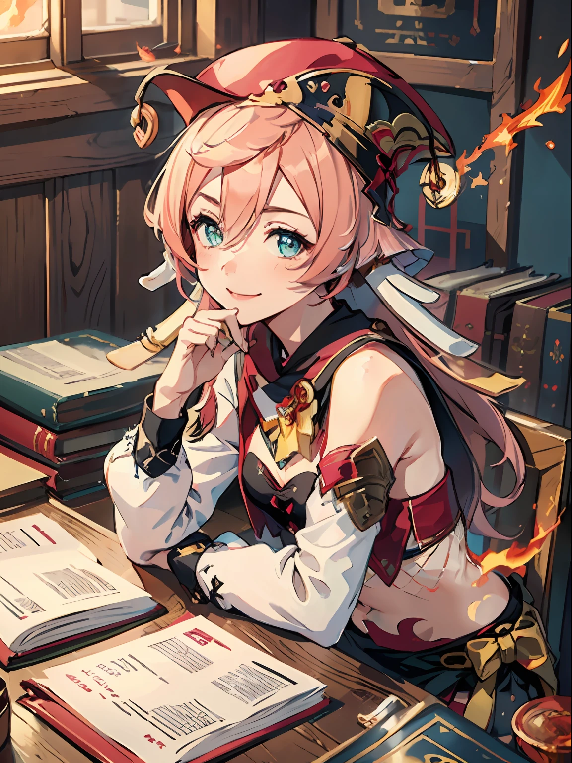 1girl, (solo:1.2), ((masterpiece)), [slim], (small chest), pale skin, ((detailed eyes)), (bokeh effect), (dynamic angle), dynamic pose, blue hair, flame effect, smiling, cheerful, fire fractals, pink hair, white horns on sides, red hat, inside the court, judge, wooden table with books and paper, the court room