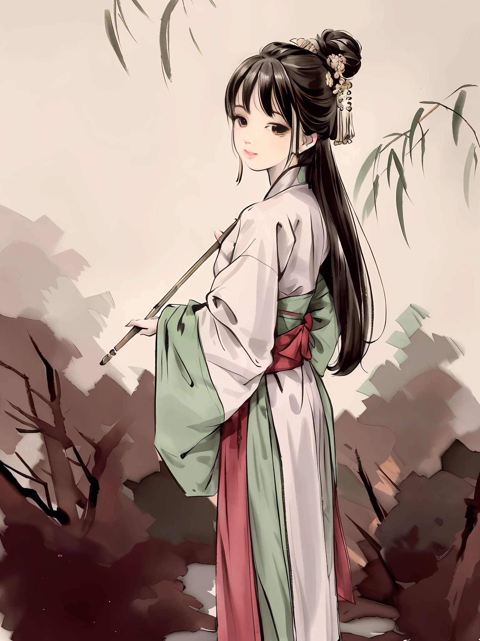 (Obra maestra, mejor calidad: 1.2), pintura tradicional china en tinta, 1 mujer, De pie, mirando hacia atrás, hanfu, rama de sauce, (sonriente), mirando al espectador,