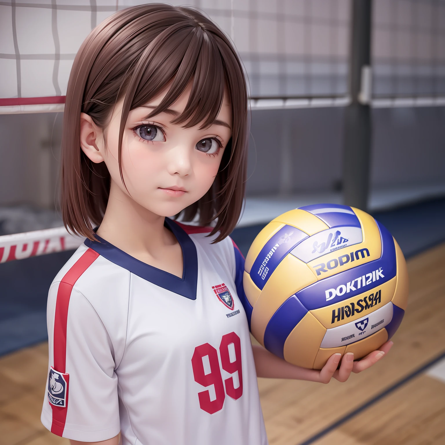 ((9year old girl:1.5)), complete anatomy, children's body, , super cute, girl, , random poses,An angle that captures the whole body,(wearing volley_uniform:1.3), good hand,4k, high-res, masterpiece, best quality, ((Hasselblad photography)), finely detailed skin, sharp focus, (cinematic lighting), collarbone, soft lighting, dynamic angle, (((inside volleyball field))),,volley_uniform, , inside beach volley field, inside volley ball field, holding_ball, beautiful girl, 1 girl, , petite girl, top quality, masterpiece, high eyes,drooping eyes,(realism: 1.2)), , bangs, tall eyes, natural light,(aquamarine eyes),bangs, beautiful girl with fine details, Beautiful and delicate eyes, Beautiful girl, detailed face, Beautiful eyes, beautiful shining body, 8K images,