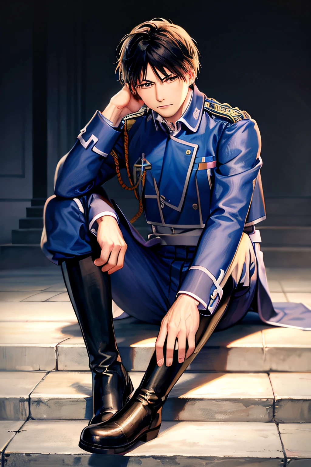 masterpiece, best quality, 1boy, male focus, black hair, uniform, military uniform, military, sitting, solo, boots, black eyes, black footwear, white background, simple background, pants, full body, blue jacket, jacket, frown, blue pants, closed mouth, military jacket, aiguillette, long sleeves, collared jacket, epaulettes, shadow, stairs, expressionless, knee up, brown eyes, looking at viewer