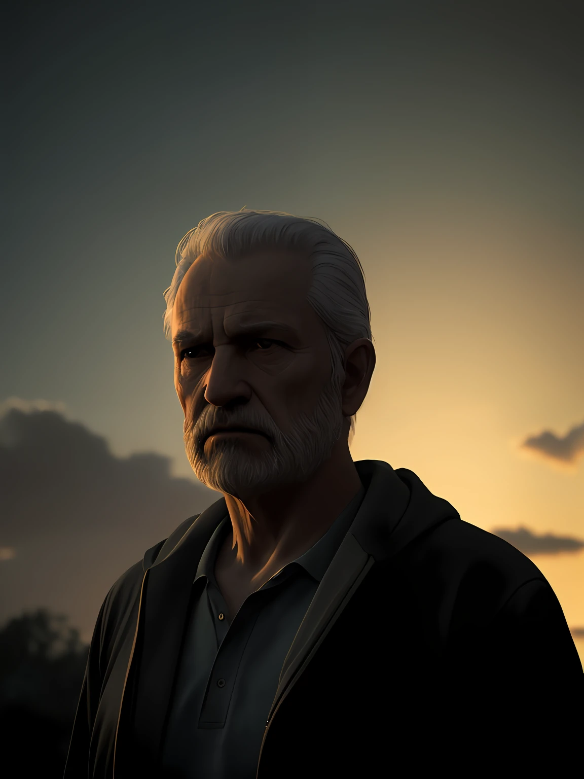 (High quality: 1.3), cinematic shot, masterpiece, (sharp focus: 1.5), (photorealistic: 1.3), medium portrait of an old man (biblical God of the evangelical with a sad look, giving the scene a somber atmosphere but sculpting the shapes in crisp chiaroscuro), is night, (highly detailed skin), (detailed face), detailed background, dark lighting, twilight lighting, volumetric lighting, complex details, UHD,