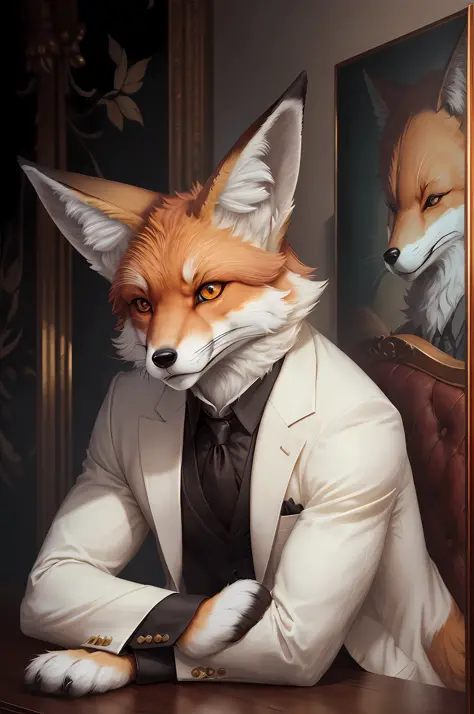 There is a fox sitting at the table in a suit, an anthropomorphic fox, an anthropomorphic fox, a tonic for a fox, a portrait of ...