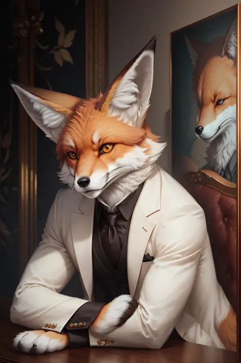 There is a fox sitting at the table in a suit, an anthropomorphic fox, an anthropomorphic fox, a tonic for a fox, a portrait of ...