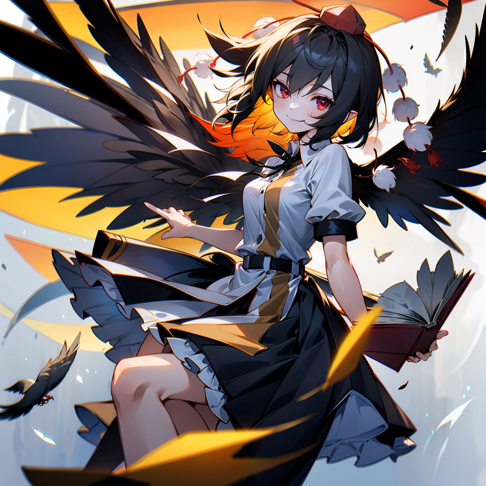 a woman holding book and wearing dark dress holding a bird in her right hand and an umbrella in her left, 1girl, shameimaru aya, hat, solo, pom pom (clothes), skirt, wings, tokin hat, shirt, red eyes, smile, black skirt, short hair, black hair, white shirt, short sleeves, holding, bird wings, black wings