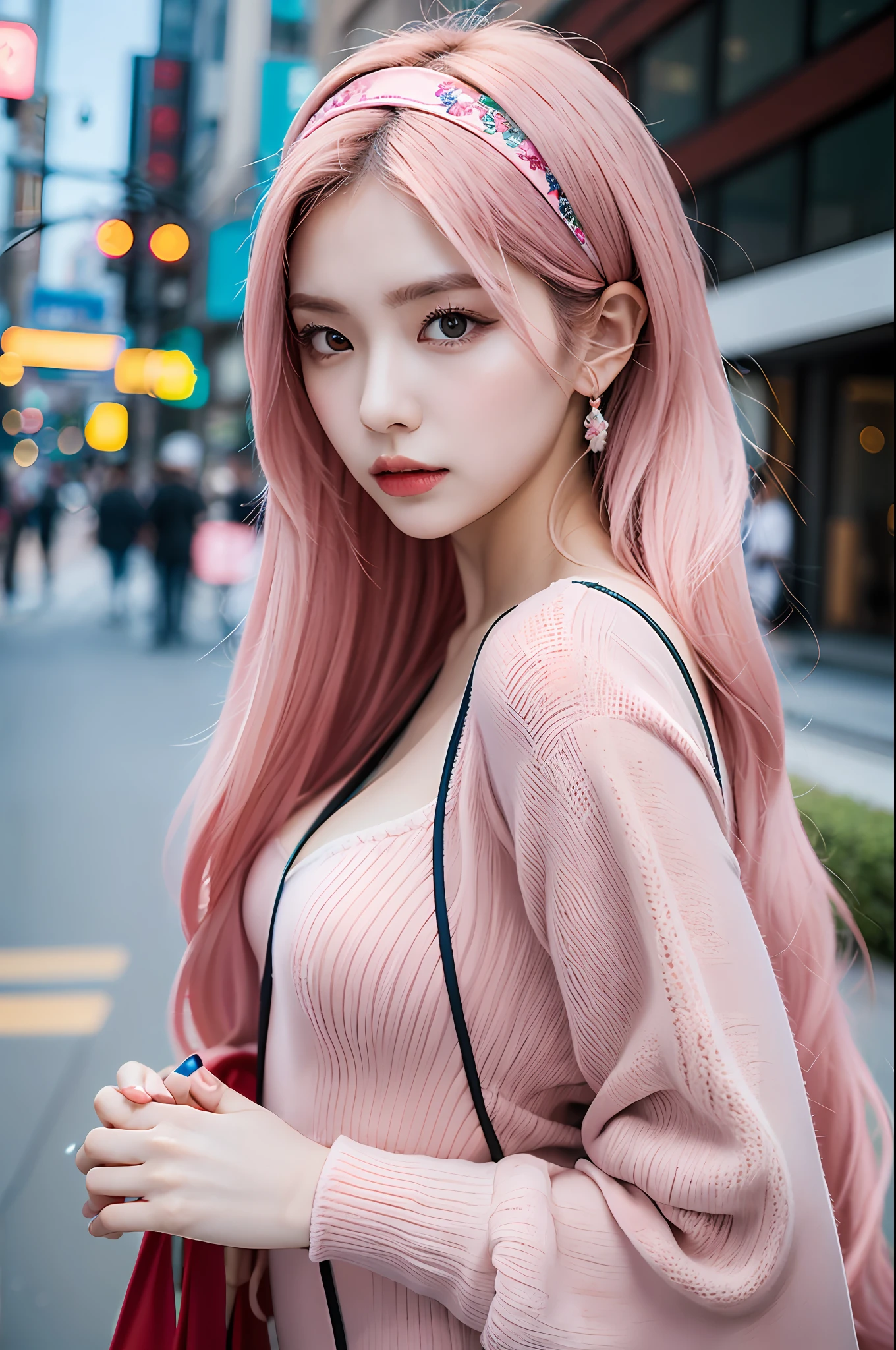 (masterpiece), (portrait), (aesthetic), (beautiful), (upper blody), (high quality), (aesthetic clothings), (professional angle), (rule of thirds), (Feminine), (woman), (female), (beautiful),(feminine features), (20 years), solo, 1, Japanese, eyes pink, hair pink, long hair, zero two, dress red, skin clare, thin, normal make up, nails pink, headband white, average bust, traffic urban street, city, medium shoot, 4k, hd, ultra, smooth,