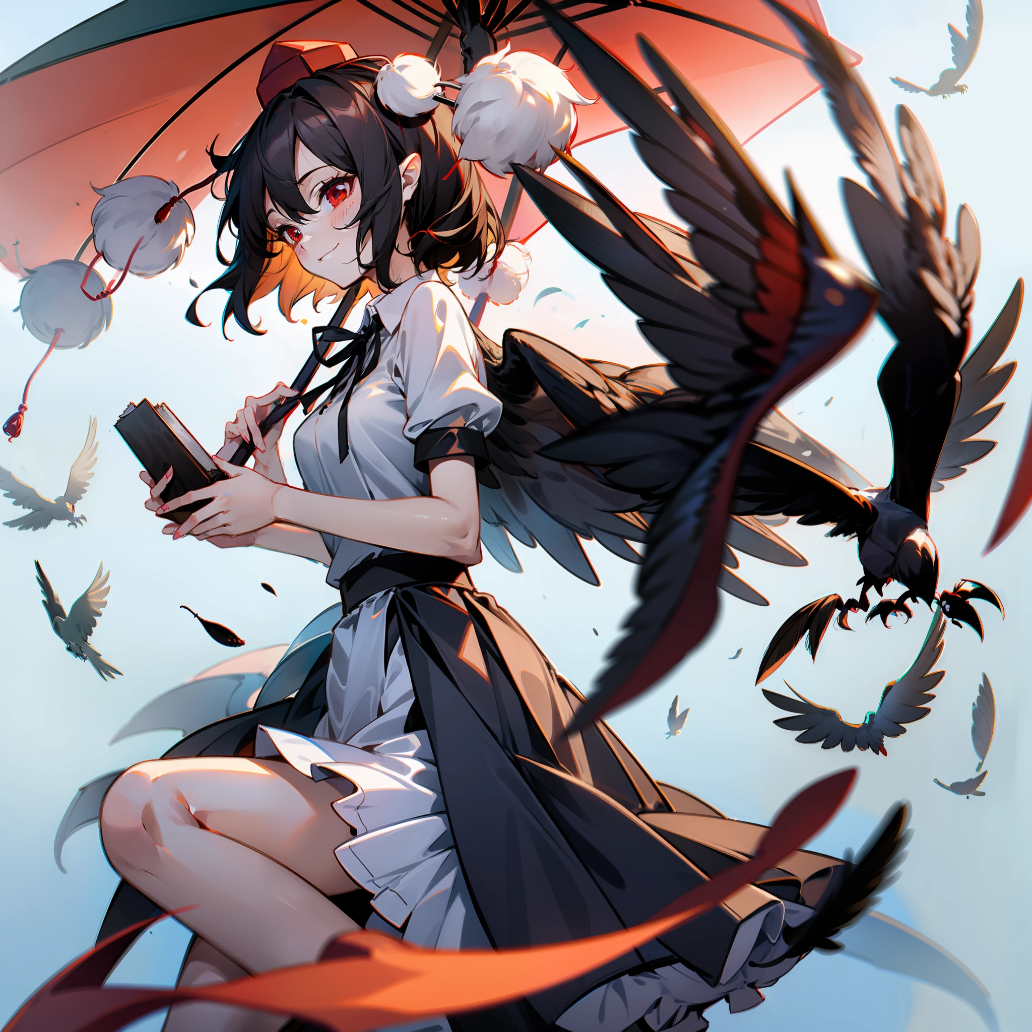 a woman holding book and wearing dark dress holding a bird in her right hand and an umbrella in her left, 1girl, shameimaru aya, hat, solo, pom pom (clothes), skirt, wings, tokin hat, shirt, red eyes, smile, black skirt, short hair, black hair, white shirt, short sleeves, holding, bird wings, black wings