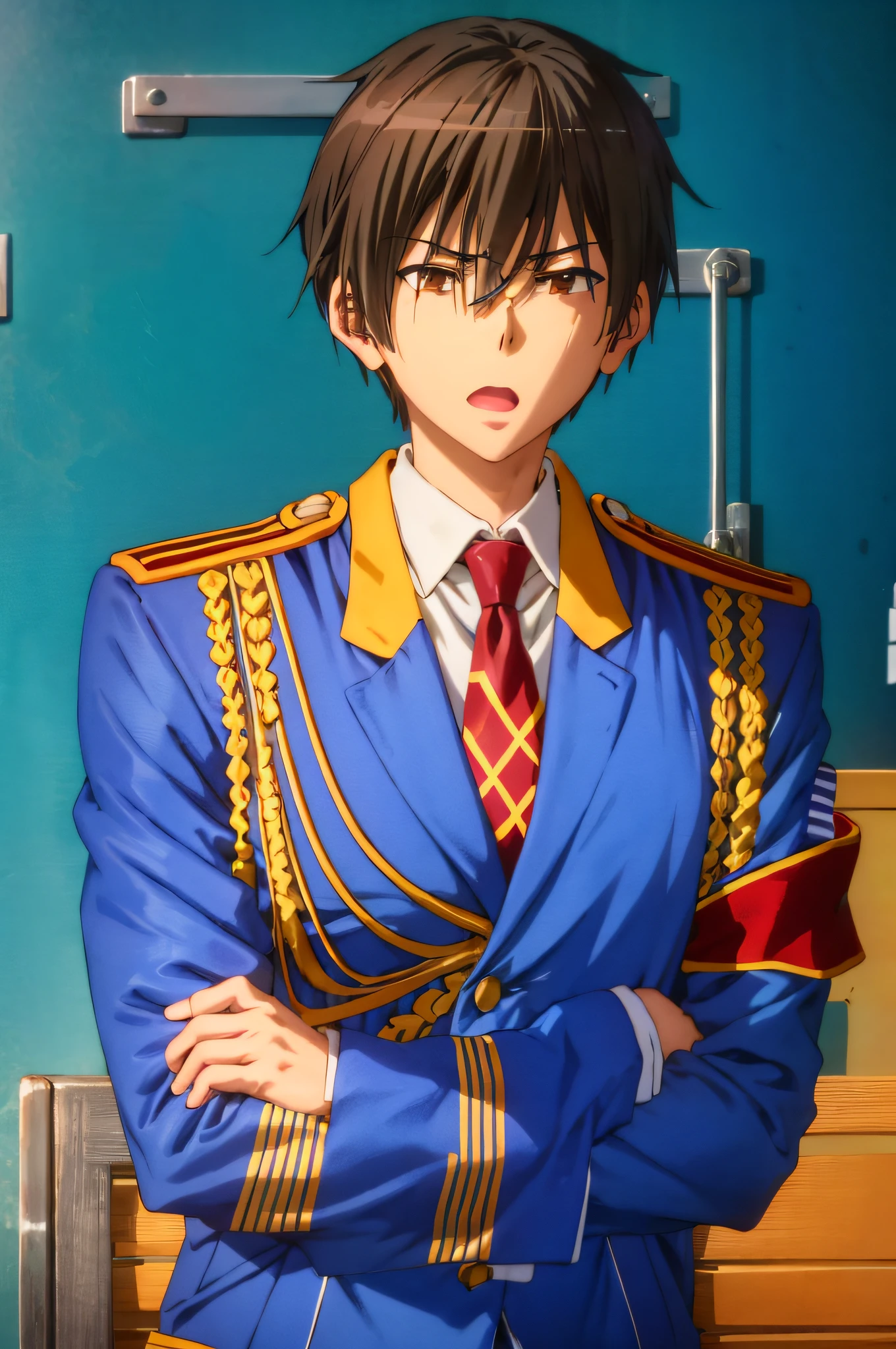 kanie seiya\(amaburi\), amabri uniform, solo, looking at viewer, shirt, long sleeves, 1boy, jacket, white shirt, upper body, male focus, necktie, collared shirt, indoors, blurry, uniform, military, military uniform, blurry background, crossed arms, blue jacket, red necktie, armband