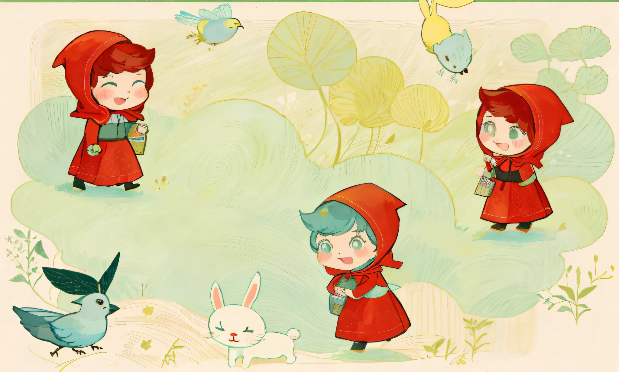 Cartoon illustration of a little red riding hood girl and a bird - SeaArt AI