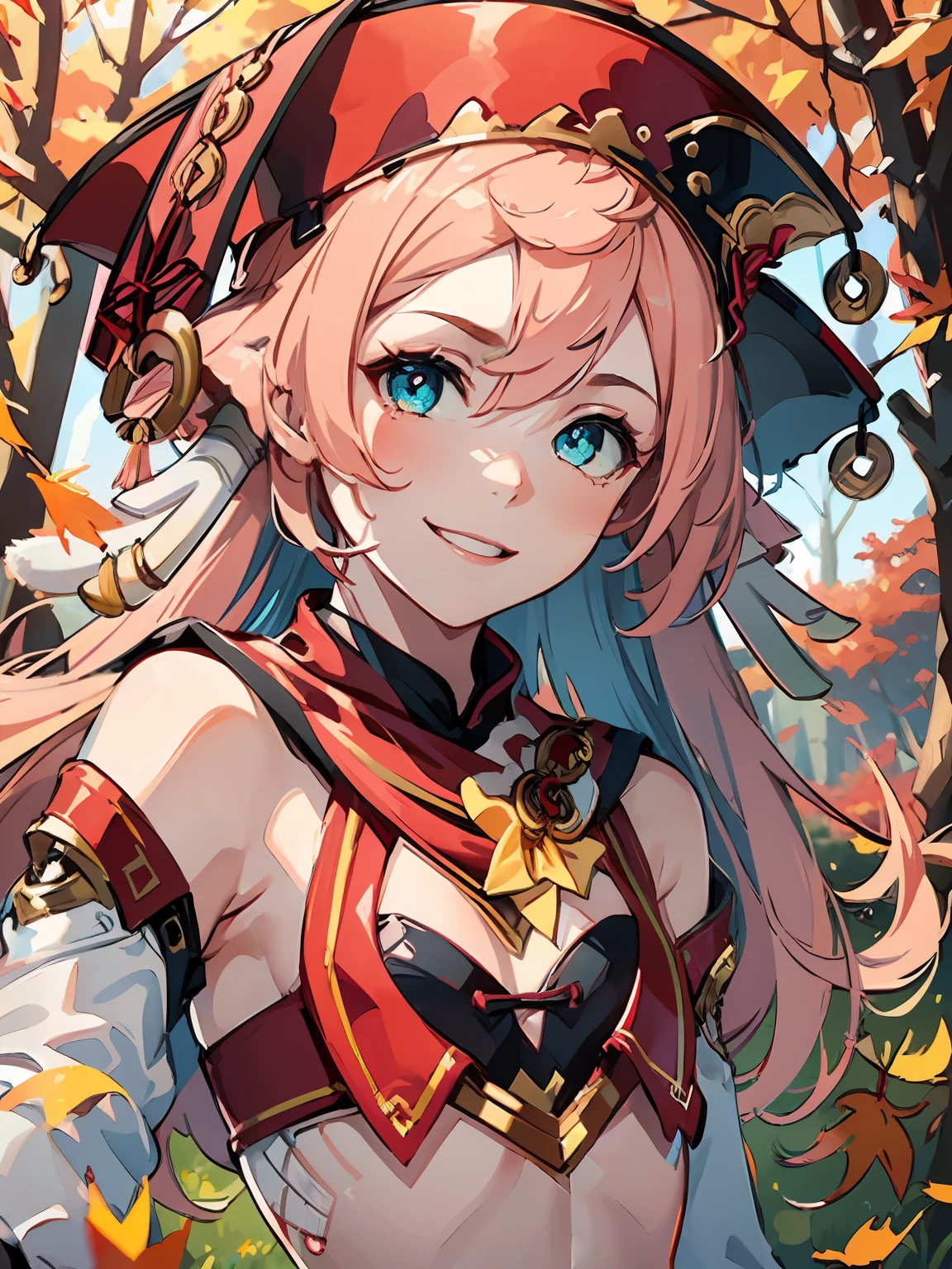 1girl, (solo:1.2), ((masterpiece)), [slim], (small chest), pale skin, ((detailed eyes)), (bokeh effect), (dynamic angle), dynamic pose, blue hair, flame effect, smiling, cheerful, fire fractals, pink hair, white horns on sides, red hat, outside, autumn weather, yellow trees and leaves, yellow leaves falling, walking in a meadow