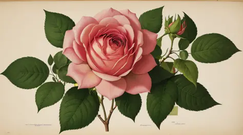 (best quality:1.2), (detailed:1.2), (masterpiece:1.2), vintage botanical illustrations of Larger Provence Rose (1770 1775) in h...