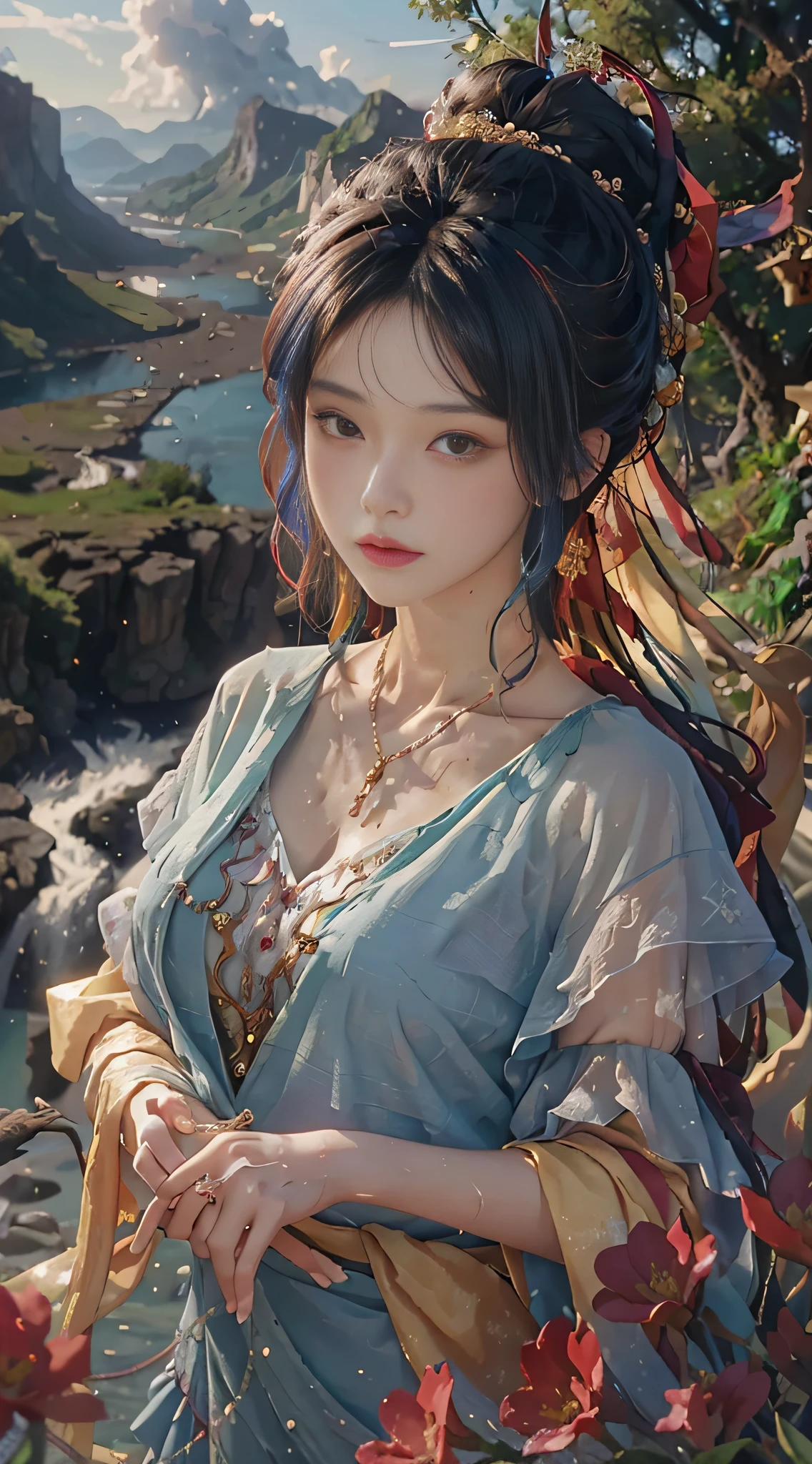 ((Best Quality, 8K, Masterpiece: 1.3)), Sharp: 1.2, Perfect Body Beauty: 1.4, Slim Abs: 1.2, ((Layered Hairstyle, Mid-Chest: 1.2)), Wet: 1.5, Masterpiece, Beautiful Sky and Clouds, Rich Natural Scenery, Cliffs, Lakes and Rivers, Waterfalls Flying Water, Fanatic, Long Sleeves, Elegance, Holy, Colorful, Highest Detail, Underwater, Floating Hair, Flowers, Masterpiece, Superb Style, Spring Dress, Colored Hair, Outdoor, Magazine Cover, Upper Body