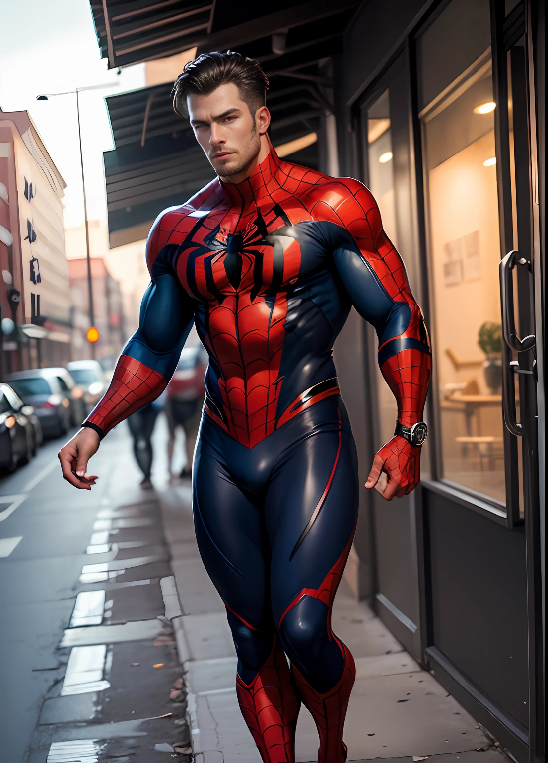 A man in a spider - man suit walking down a street - SeaArt AI