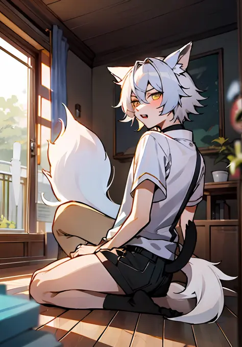 Anime - a style image of a boy sitting on the floor with a cat's tail, by Yuumei, Pop on ArtStation Pixiv, White-haired Fox, Dig...