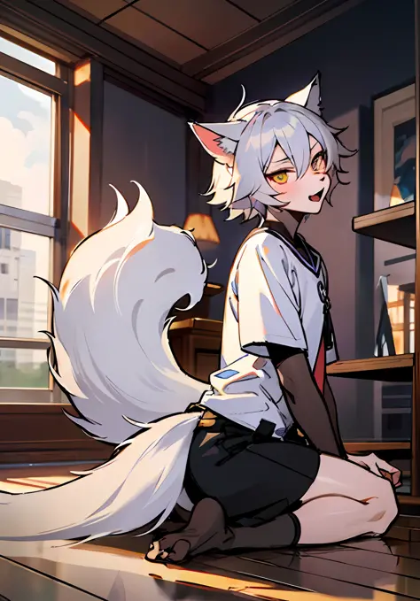 Anime - a style image of a boy sitting on the floor with a cat's tail, by Yuumei, Pop on ArtStation Pixiv, White-haired Fox, Dig...