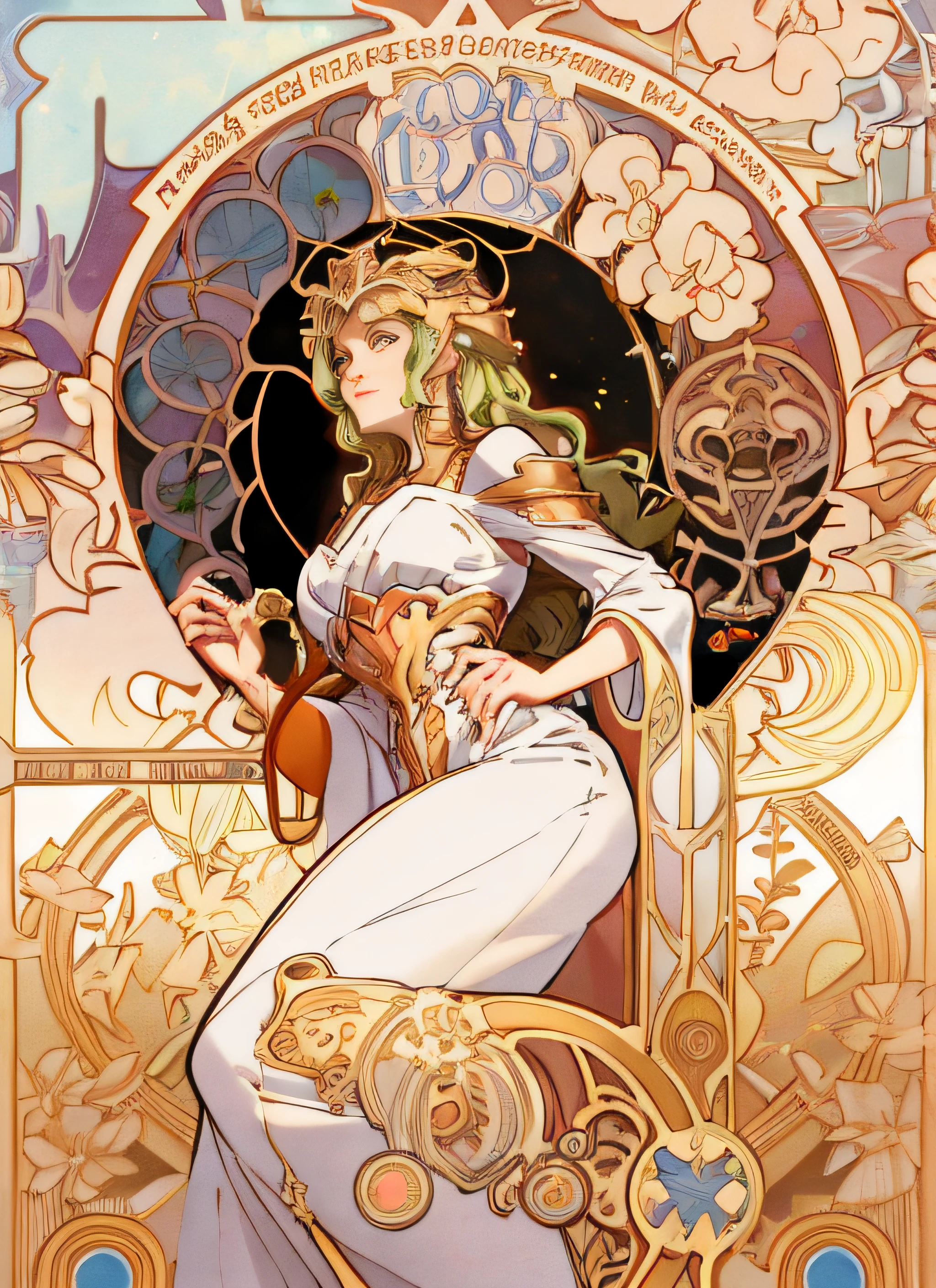 a close up of a woman in a dress holding a sword, alphonse mucha and rossdraws, anime art nouveau, anime art nouveau cosmic display, korean art nouveau anime, mucha. art nouveau. gloomhaven, art nouveau! cyberpunk! style, mucha style 4k, jc leyendecker and sachin teng, cyberpunk art nouveau