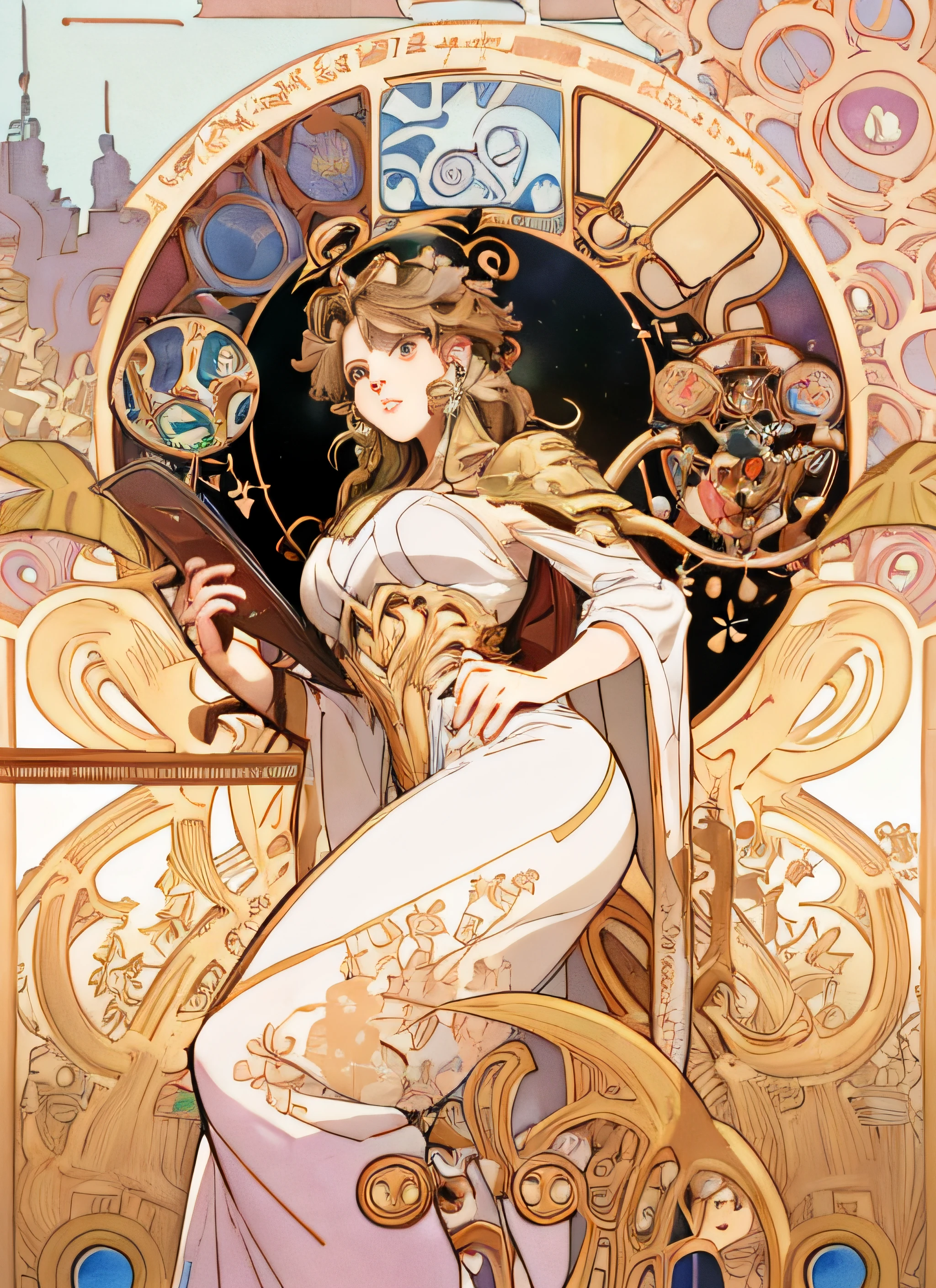 a close up of a woman in a dress holding a sword, alphonse mucha and rossdraws, anime art nouveau, anime art nouveau cosmic display, korean art nouveau anime, mucha. art nouveau. gloomhaven, art nouveau! cyberpunk! style, mucha style 4k, jc leyendecker and sachin teng, cyberpunk art nouveau