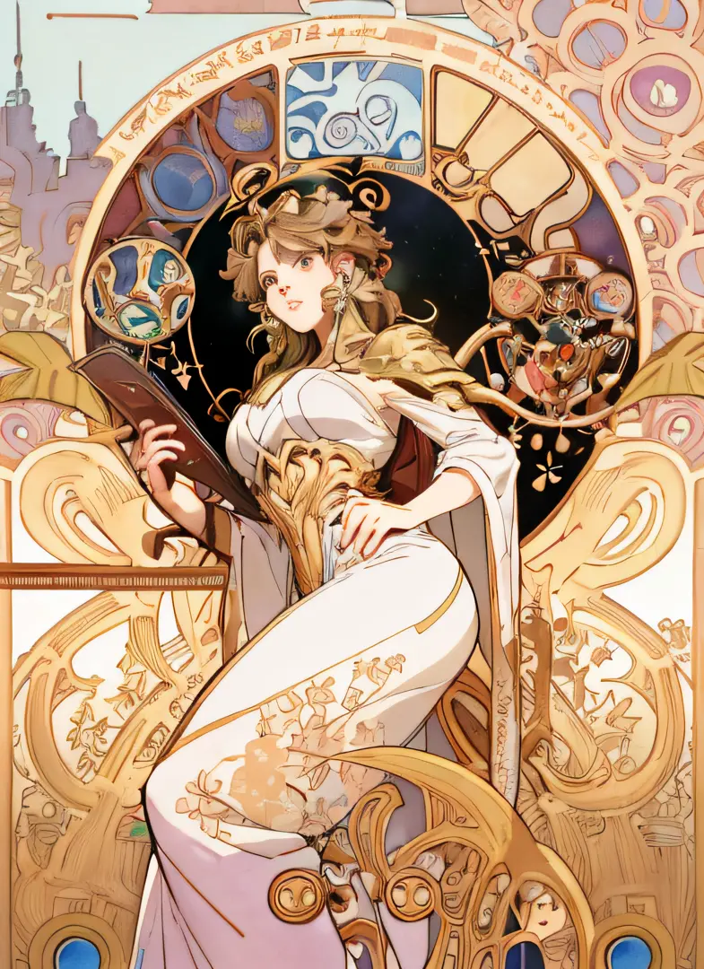 a close up of a woman in a dress holding a sword, alphonse mucha and rossdraws, anime art nouveau, anime art nouveau cosmic disp...