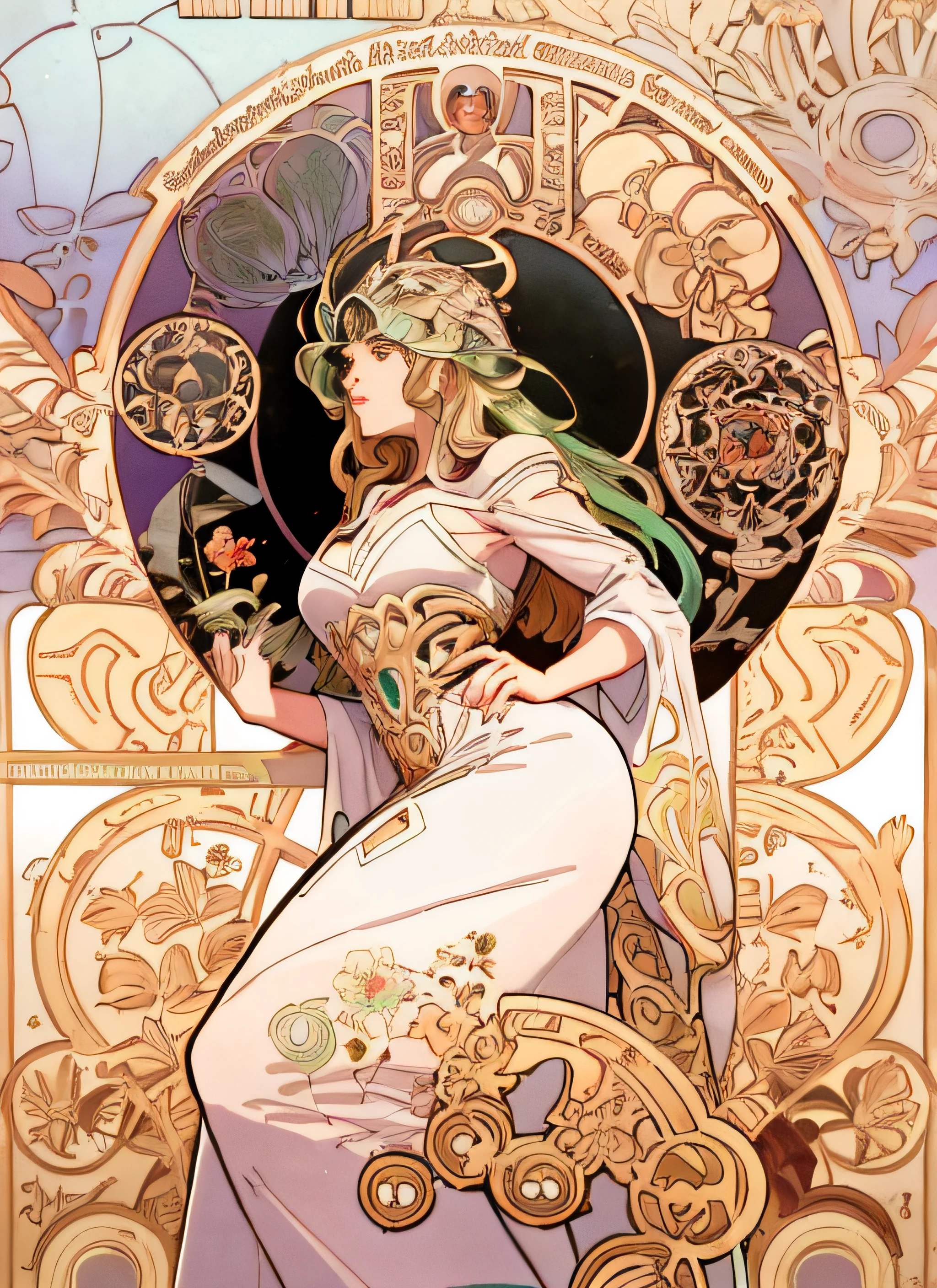 a close up of a woman in a dress holding a sword, alphonse mucha and rossdraws, anime art nouveau, anime art nouveau cosmic display, korean art nouveau anime, mucha. art nouveau. gloomhaven, art nouveau! cyberpunk! style, mucha style 4k, jc leyendecker and sachin teng, cyberpunk art nouveau