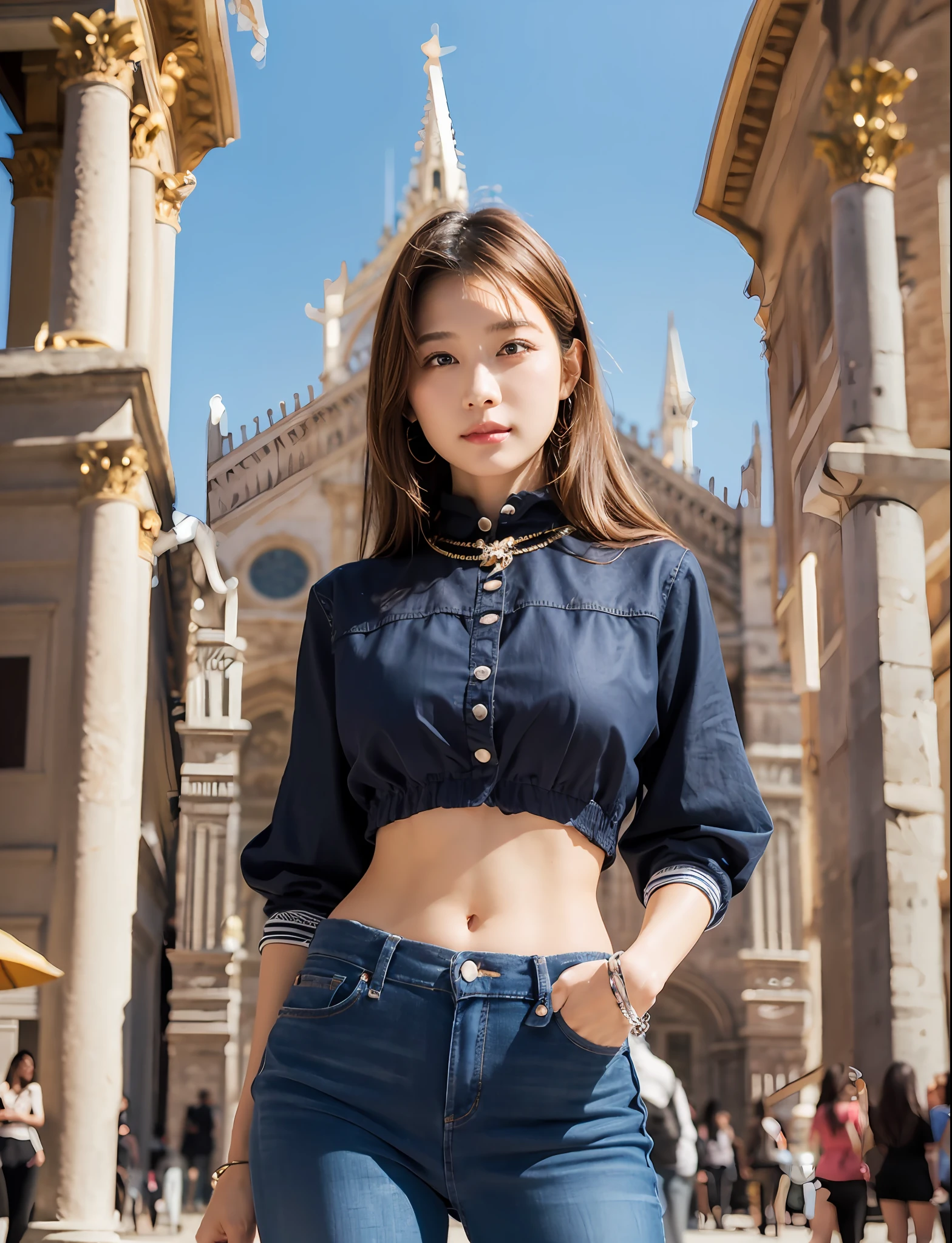 (Mai Shiraishi,turtle neck sweater, sleeveless, white long skirt, cowboy shot, back shot, back view, looking ahead,(Piazza dei Miracoli background,crowd,navel),arched back, arms up, dark brown very short hair,standing)))), (((masterpiece, best quality, highly detailed, absurdres, RAW photo, ultra high resolution)))), Highly detailed face and skin texture, Detailed eyes, Sharp focus, An asian young and beautiful girl, White skin, Real human skin, Oval face, Pore, Gentle and goddess-like eyes, Lip gloss, Eyelashes, Gloss face, Wide lighting, Natural shading, Small waist, slender body, Slight smile, Clear features, Beautiful face, Double eyelids, Sagging eyes, Night cityscape