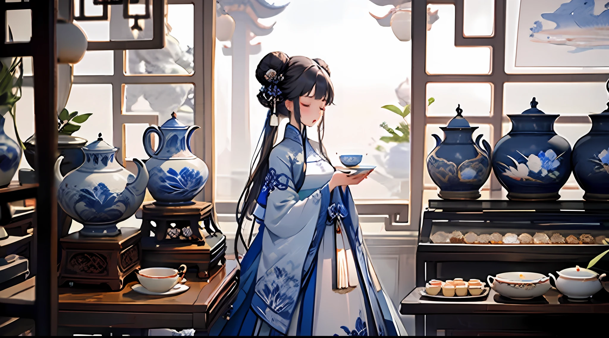 1girl, teapot, chinese clothes, teacup, long hair, cup, blurry, hair bun, closed eyes, holding, solo, double bun, table, dress, long sleeves, twintails, hair ornament, depth of field, white hair, blurry background, floral print, letterboxed, white dress, standing, wide sleeves, bangs, very long hair, lattice, saucer, holding cup, indoors, closed mouth, blurry foreground, tea set, animal, flower, architecture, china dress, hanfu, tiered tray