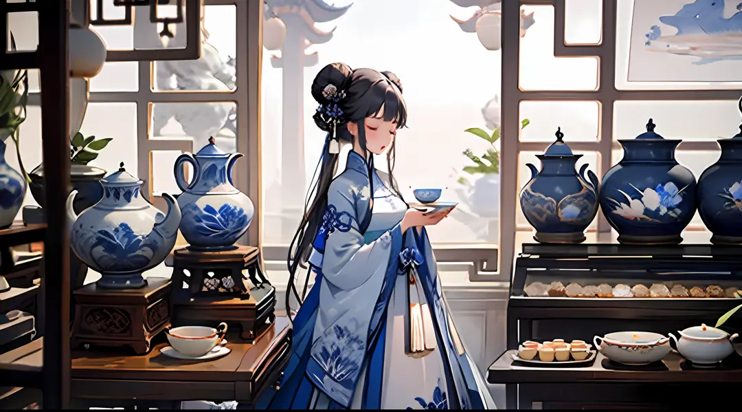 1girl, teapot, chinese clothes, teacup, long hair, cup, blurry, hair bun, closed eyes, holding, solo, double bun, table, dress, ...