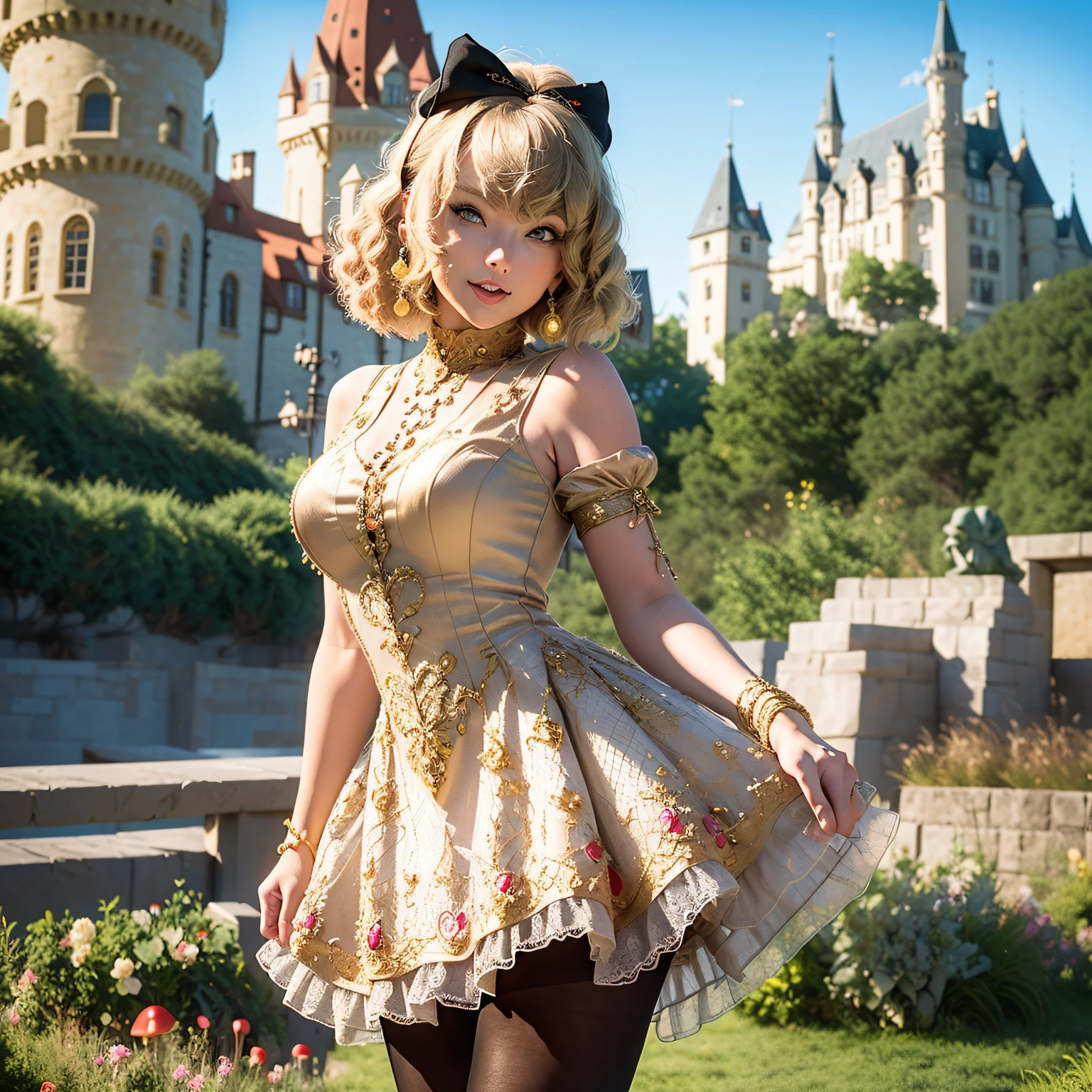 (taylor swift as princess peach), pink dress, (wearing black pantyhose), full body shot, smiling, (mushroom kingdom castle in the background), posing for photo, (masterpiece), best quality, (sks woman), detailed, (perfec skin, beautiful skin, detailed skin), blond hair, (perfect eyes, beautiful eyes, detailed eyes, realistic eyes), (realistic face, beautiful face)