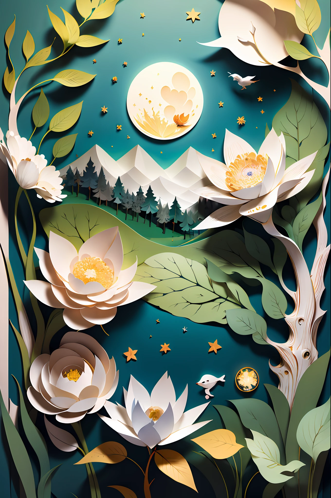 (((masterpiece))),bestquality,illustration,beautifuldetailedglow,
paper_cut,   dog, tree,moon,