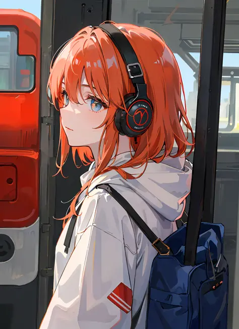 (masterpiece, sidelighting, ultra-detailed, finely detailed beautiful eyes: 1.2), 1girl, bag, building, from side, headphones, h...