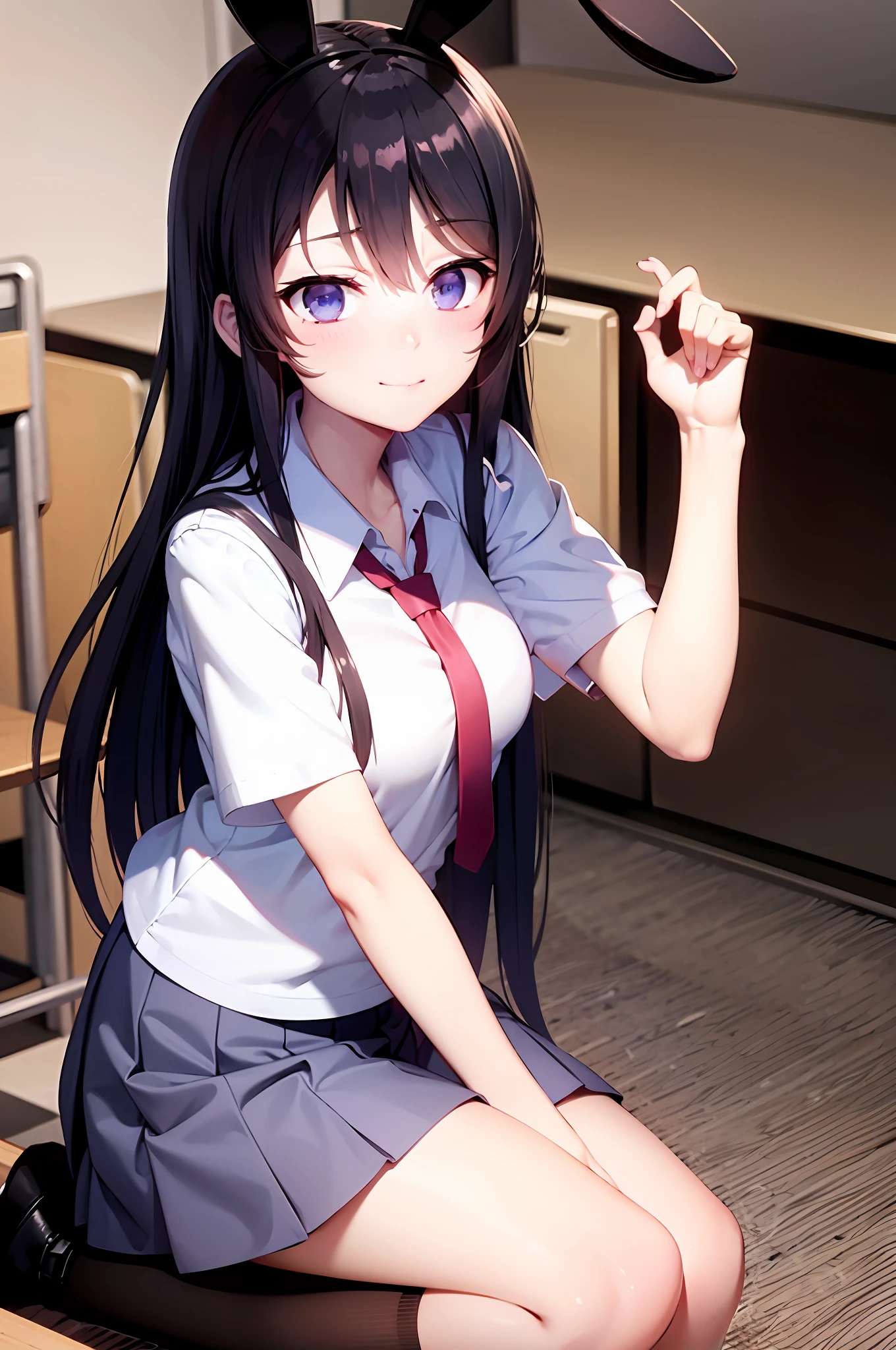 School uniform, white shirt, pantyhose, pleated skirt, tie, rabbit ears, Mai sauce, faint smile, mid_breats, best quality