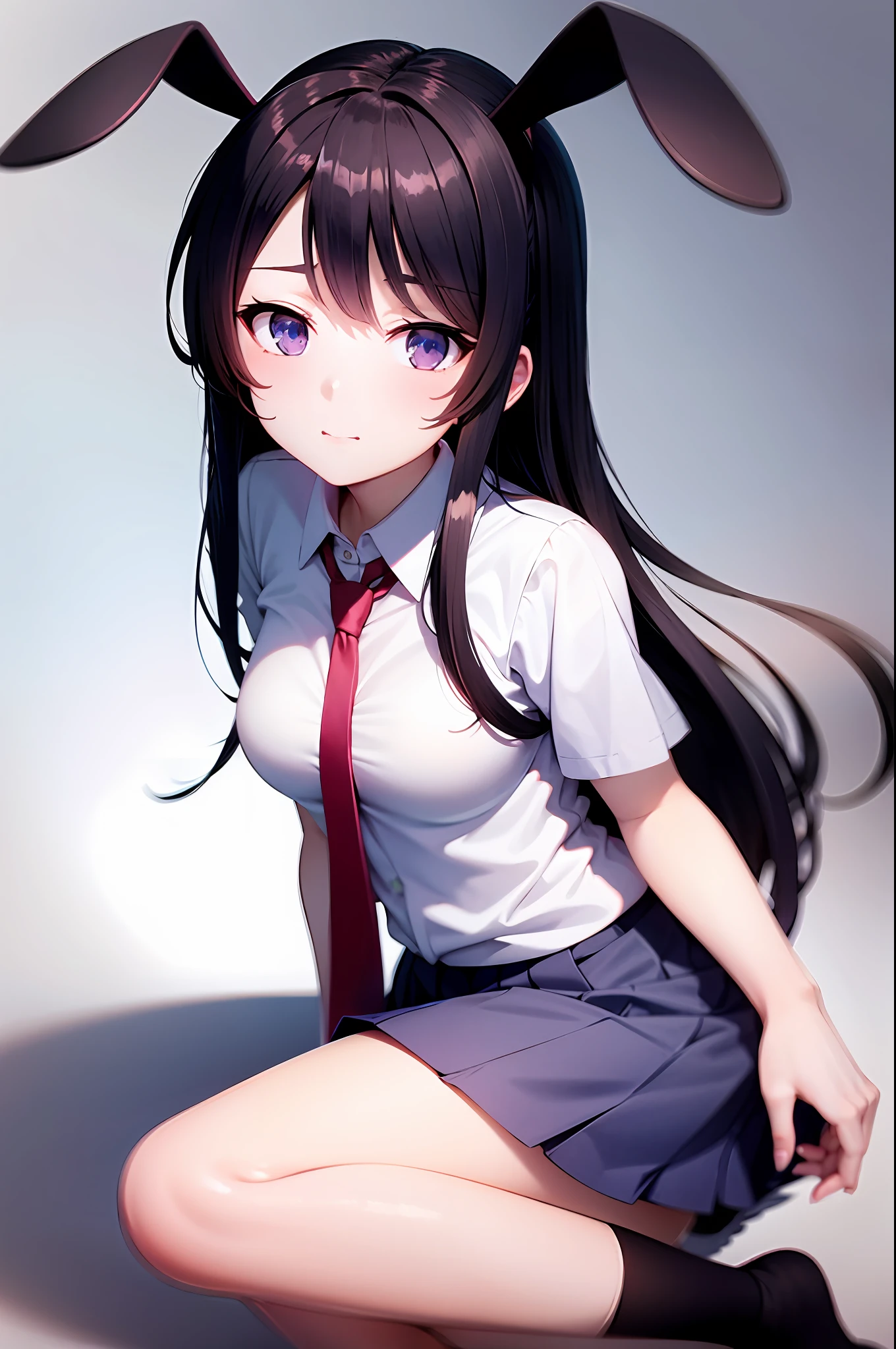 School uniform, white shirt, knee-length socks, pleated skirt, tie, rabbit ears, mayijan, faint smile, mid_breats, best quality