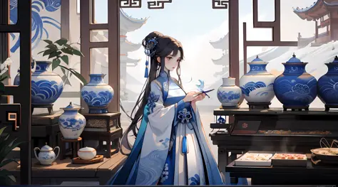 there is a woman in a blue and white dress standing in a room, palace ， a girl in hanfu, artwork in the style of guweiz, hanfu, ...