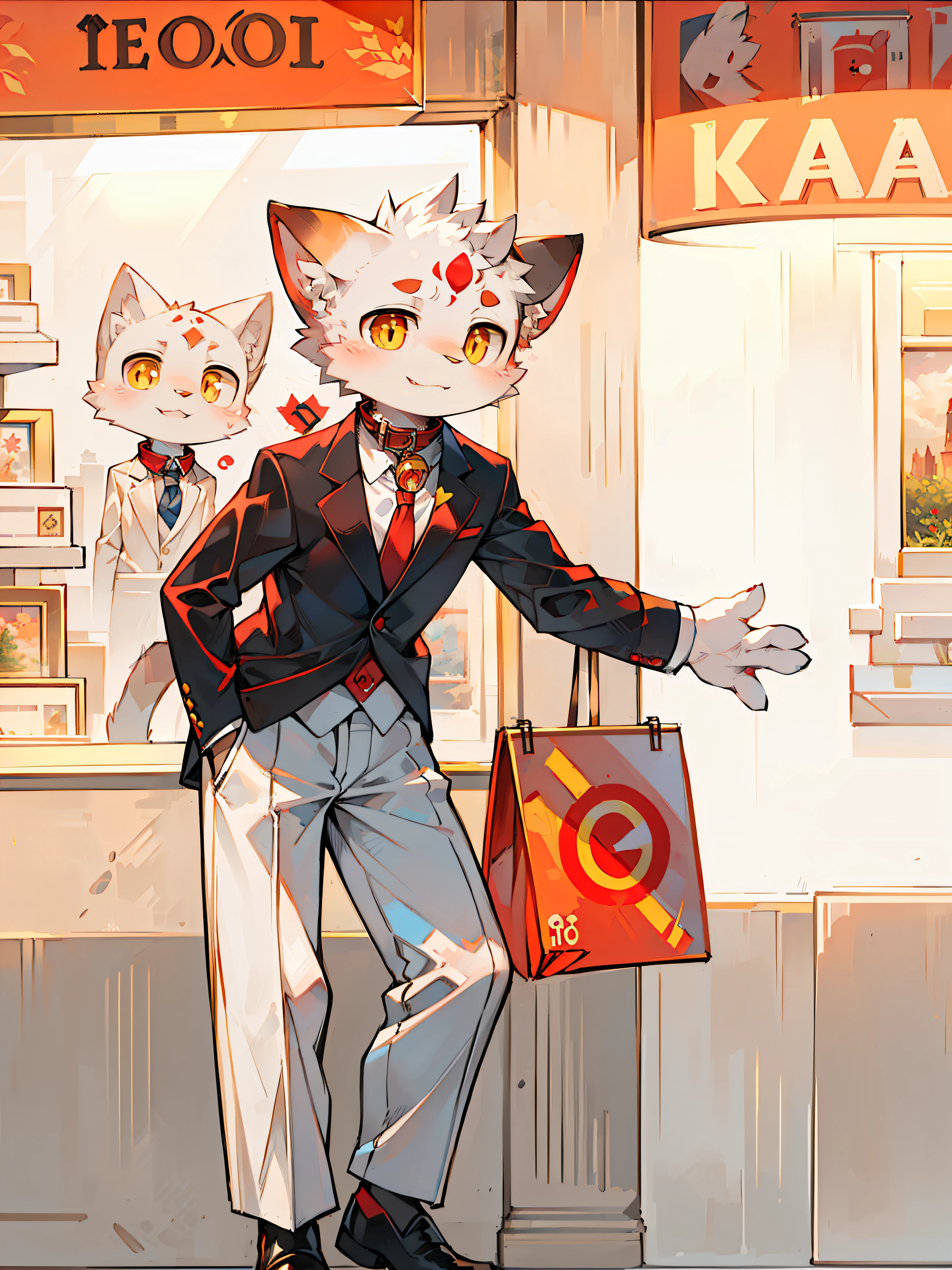 スーツとネクタイを着た猫が店の前に立っています, 首に首輪をつけて, 金色の瞳, 優しい照明, 赤い丸い眉毛, かわいい表情, 額に赤いロゴ, 傑作, 傑作, 繊細な画風, 1080p, 顔の毛は白い