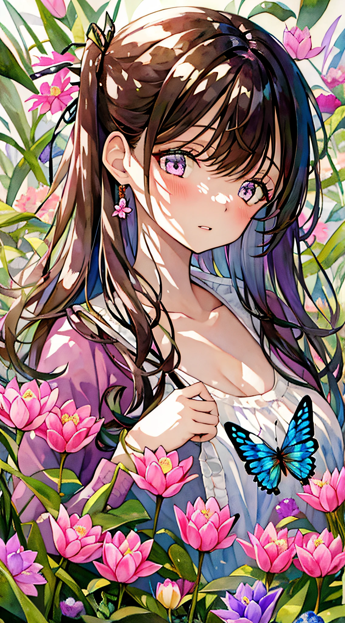 1girl, animal, artist_name, bangs, black_ribbon, blue_butterfly, blush, breasts, brown_eyes, brown_hair, bug, butterfly, butterfly_hair_ornament, butterfly_on_hand, butterfly_wings, collarbone, daisy, eyebrows_visible_through_hair, flower, glowing_butterfly, hair_between_eyes, holding, holding_flower, leaf, lily_\(flower\), long_hair, long_sleeves, looking_at_viewer, lotus, marker_\(medium\), medium_breasts, multicolored_hair, painting_\(medium\), parted_lips, pink_eyes, pink_flower, purple_eyes, purple_flower, purple_hair, ribbon, solo, traditional_media, tulip, upper_body, watercolor_\(medium\), white_butterfly, yellow_butterfly