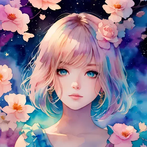 (Best Quality), (Masterpiece: 1.2), (Colorful: 0.9), (Ink Splash), (Color Splash), ((Watercolor)), Sharp Focus, (Portrait Summer Goddess: 1.5), Cute Look, Elegant Pastel Haircut, Beautiful and Detailed Face and Eyes, Elegant Clothes, Summer Starry Sky Back...