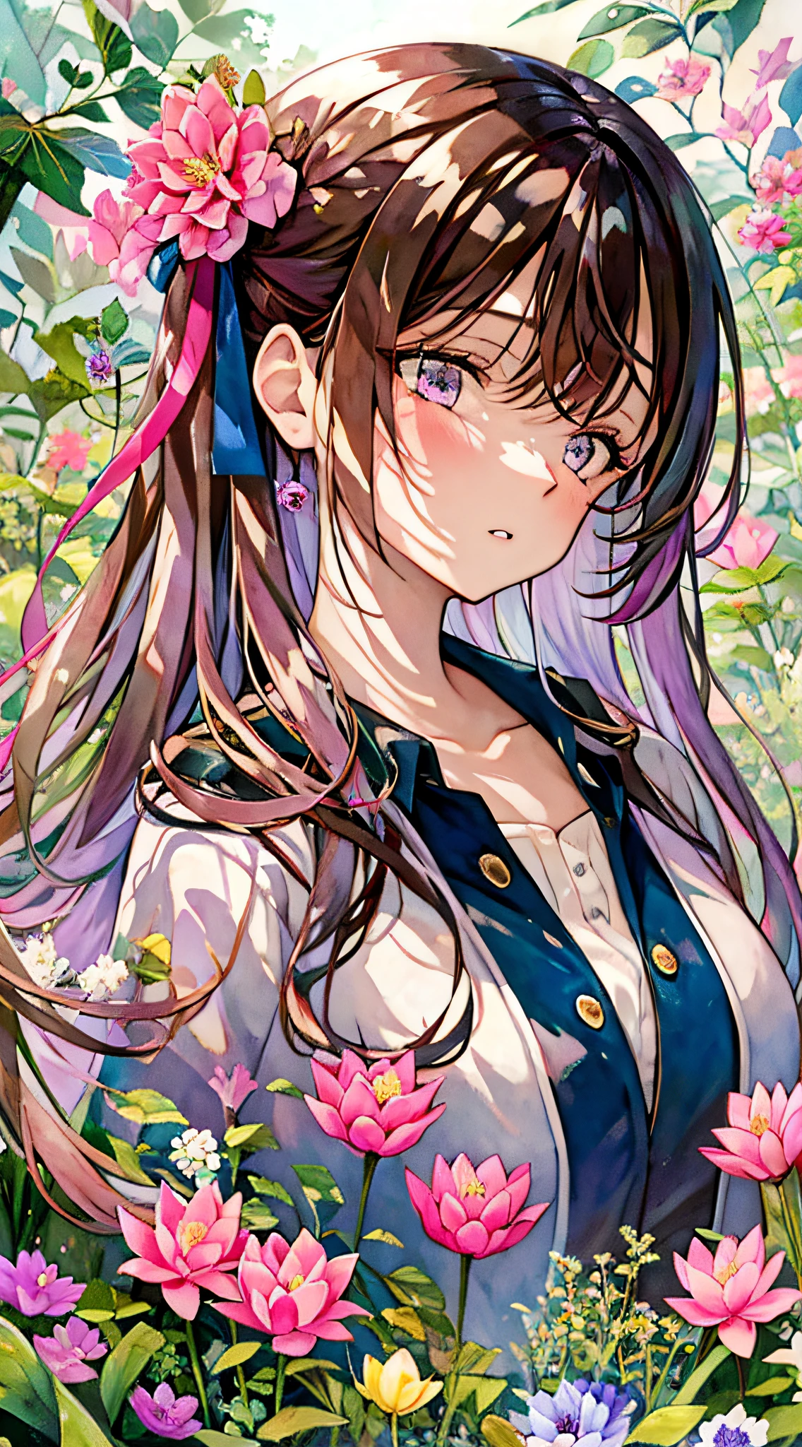 1girl, animal, artist_name, bangs, black_ribbon, blue_butterfly, blush, breasts, brown_eyes, brown_hair, bug, butterfly, butterfly_hair_ornament, butterfly_on_hand, butterfly_wings, collarbone, daisy, eyebrows_visible_through_hair, flower, glowing_butterfly, hair_between_eyes, holding, holding_flower, leaf, lily_\(flower\), long_hair, long_sleeves, looking_at_viewer, lotus, marker_\(medium\), medium_breasts, multicolored_hair, painting_\(medium\), parted_lips, pink_eyes, pink_flower, purple_eyes, purple_flower, purple_hair, ribbon, solo, traditional_media, tulip, upper_body, watercolor_\(medium\), white_butterfly, yellow_butterfly