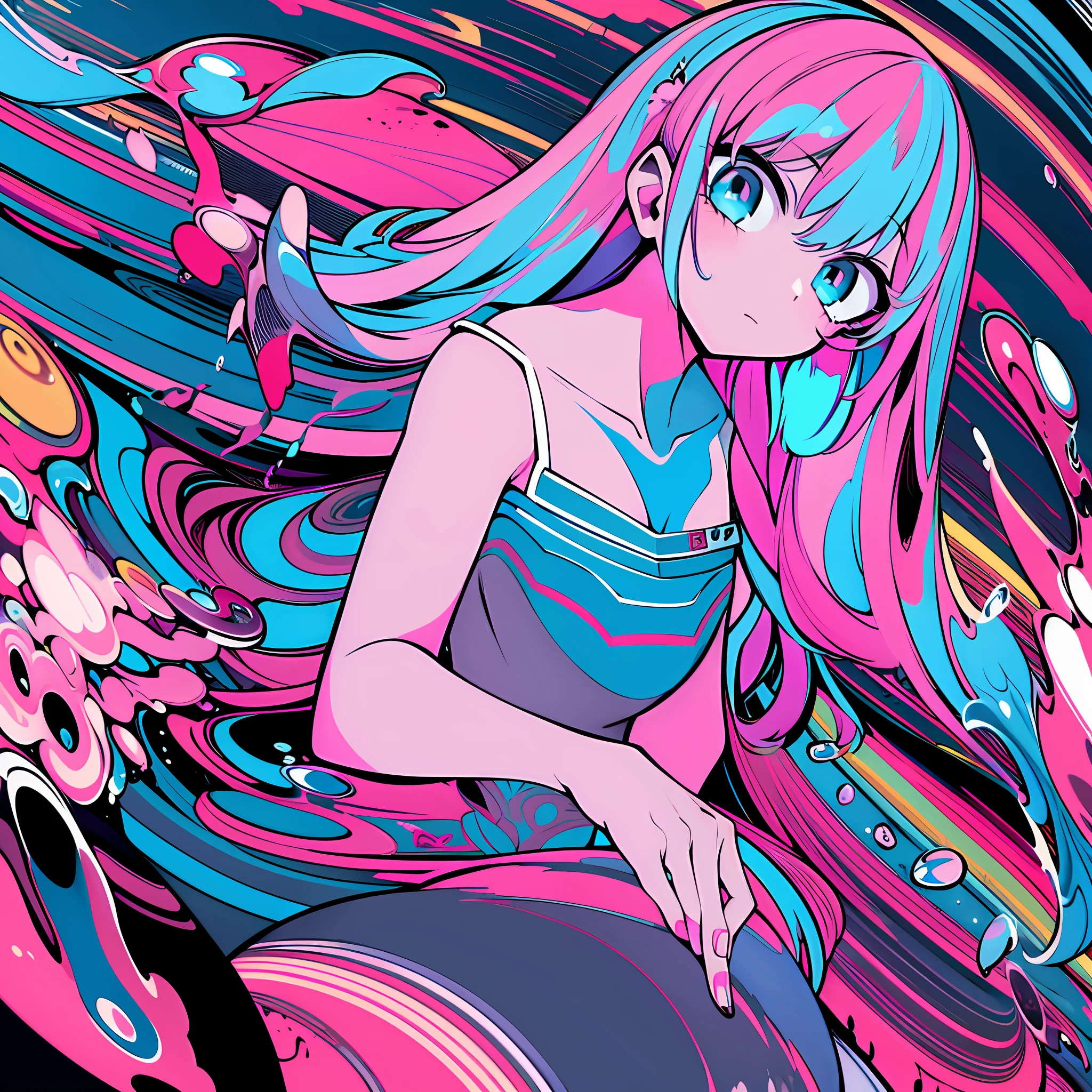 (ultra detailed,ultra high res,detailed background),((2D)),((flat color)),((colorful)),((floating colorful water)),1girl,solo,looking at viewer,BREAK